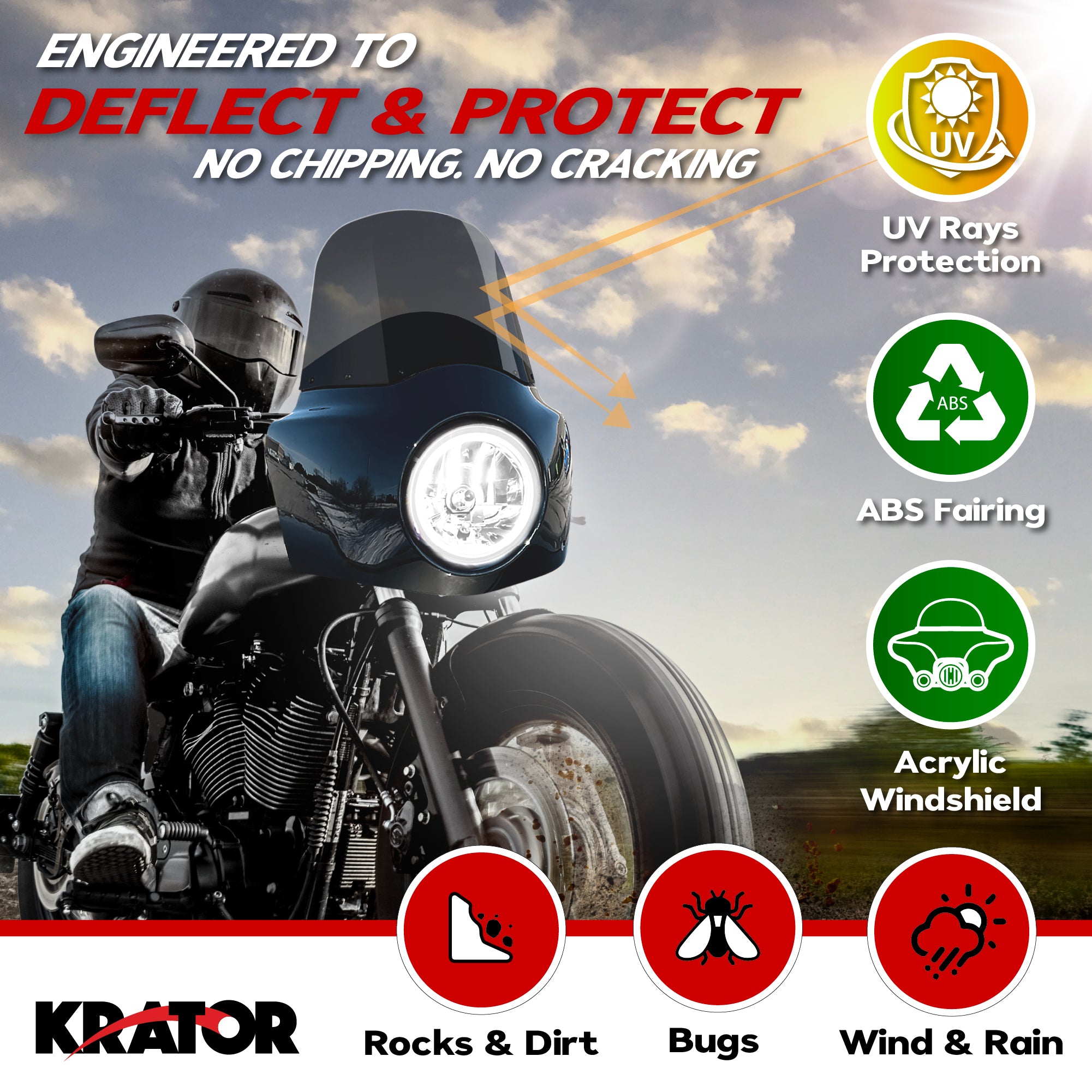Krator Motorcycle Fairing, for Harley Davidson, Smoke, with Extension, 11" Windshield