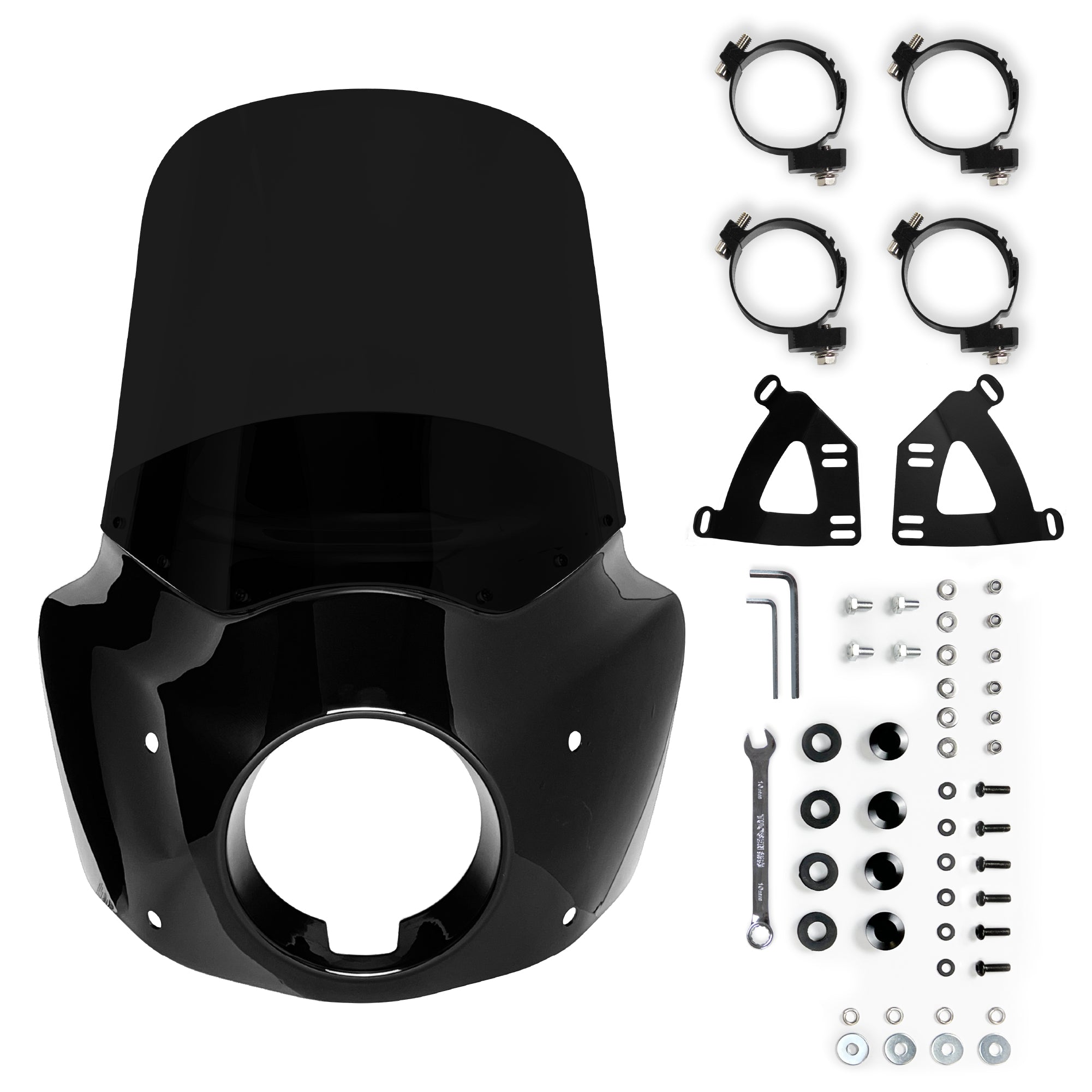Trichtu Mount Universal Motorcycle Windshield - Black Polycarbonate - Fits 5-9.5 Inch Round Headlights