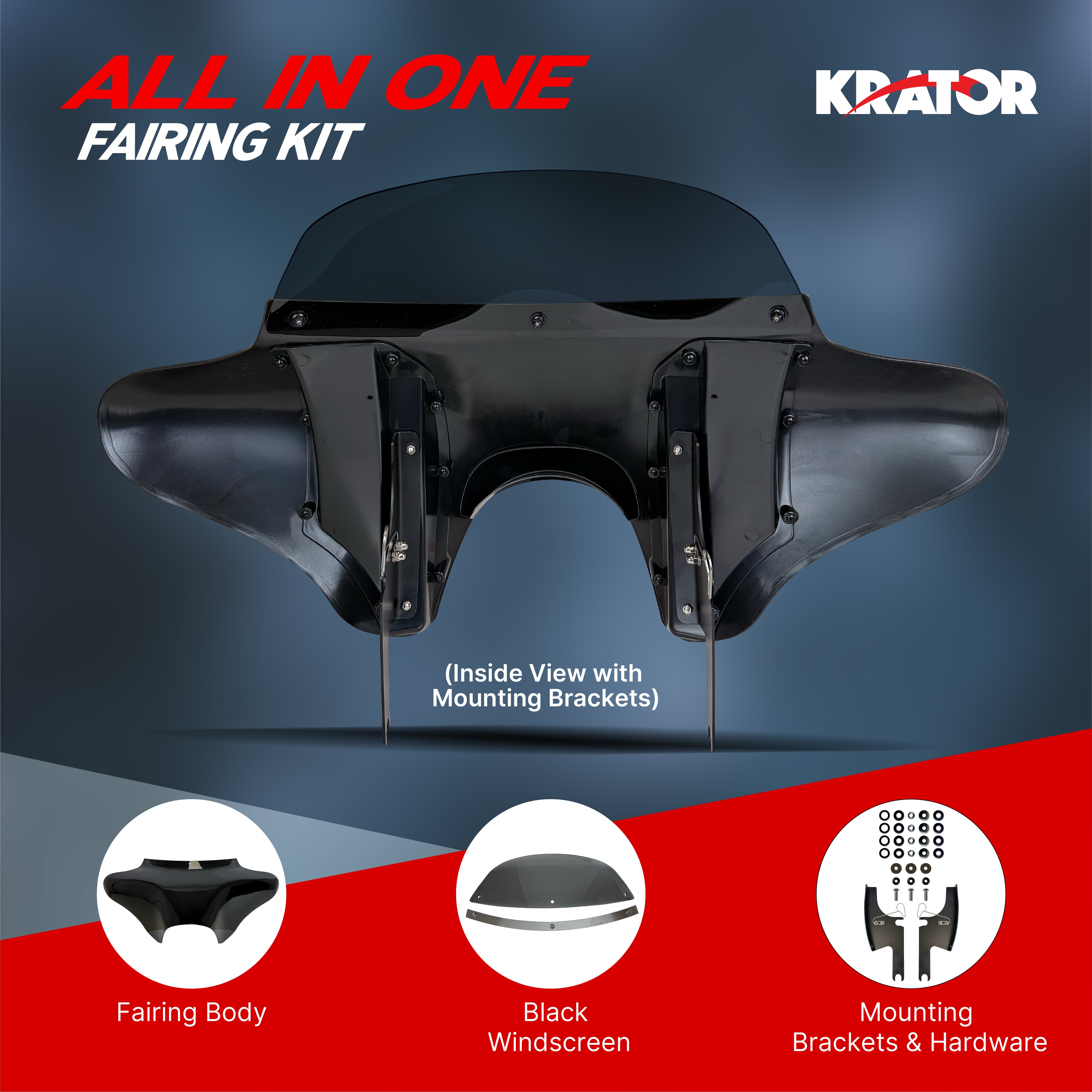 Krator Gloss Black ABS Batwing Motorcycle Fairing with 6" Windshield, Smoke