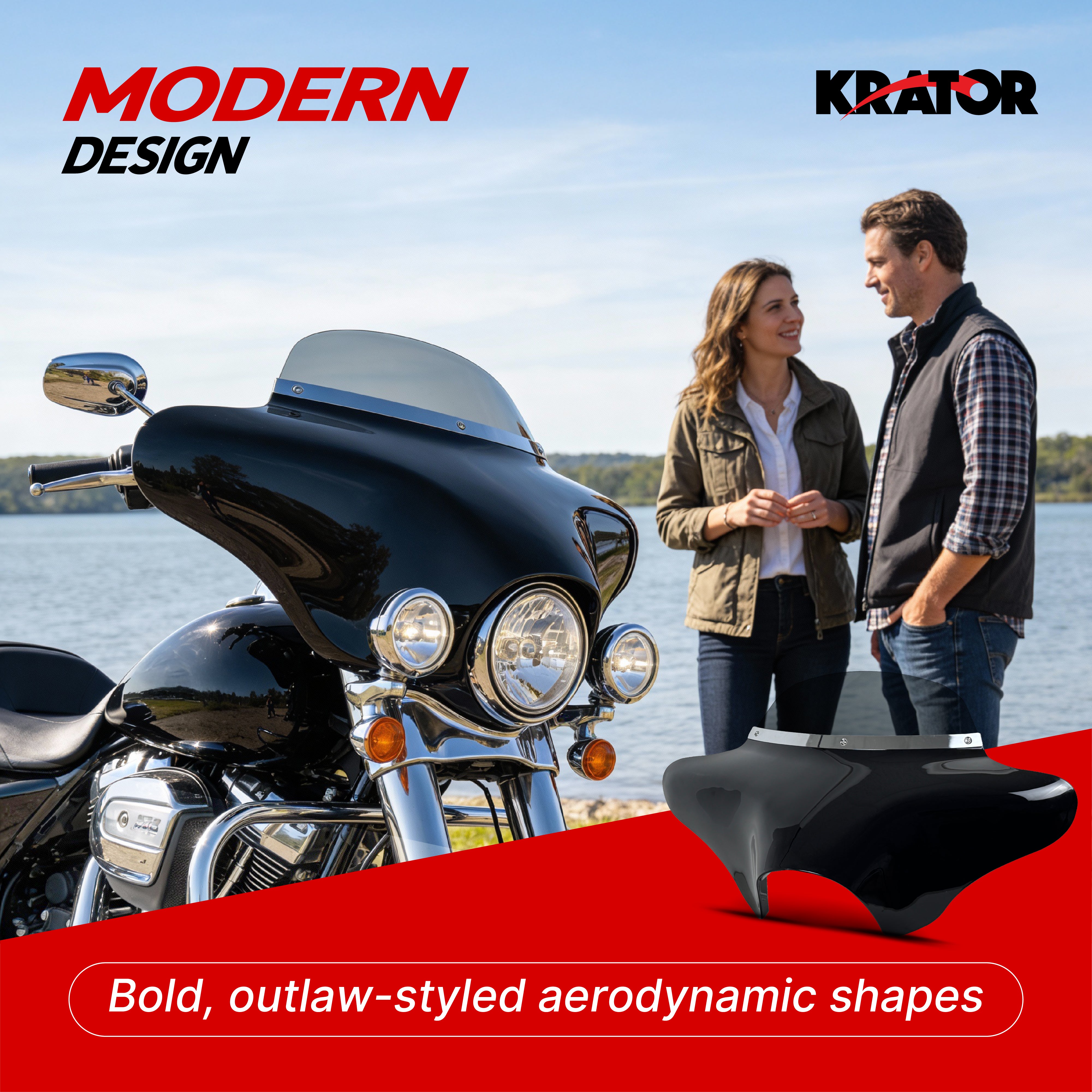 Krator Gloss Black ABS Batwing Motorcycle Fairing with 6" Windshield, Smoke