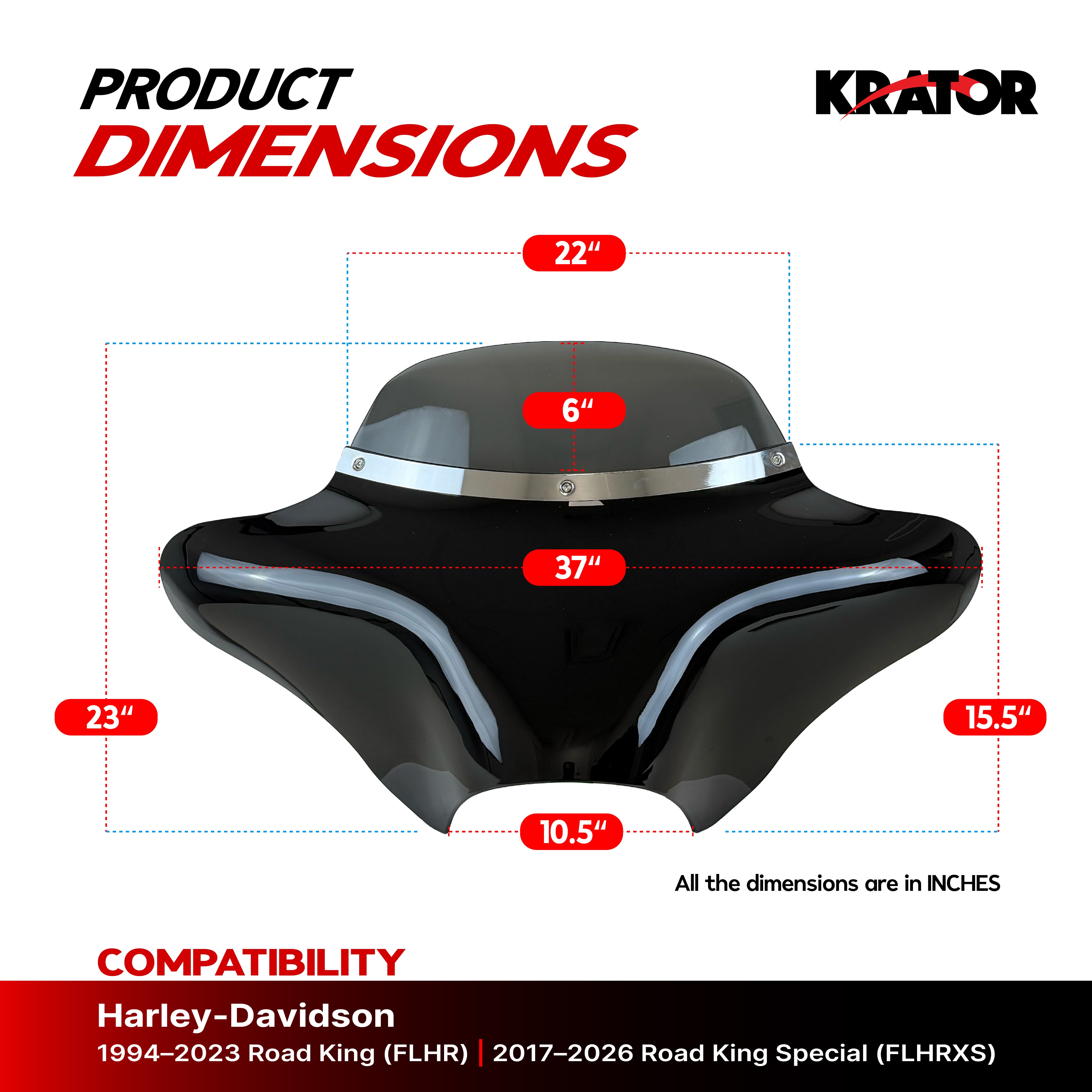 Krator Gloss Black ABS Batwing Motorcycle Fairing with 6" Windshield, Smoke