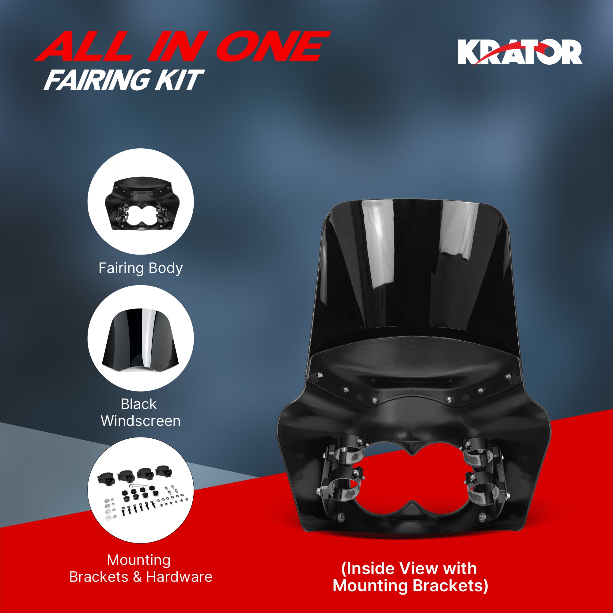 Krator Motorcycle Headlight Fairing ABS Gloss Black Complete Kit