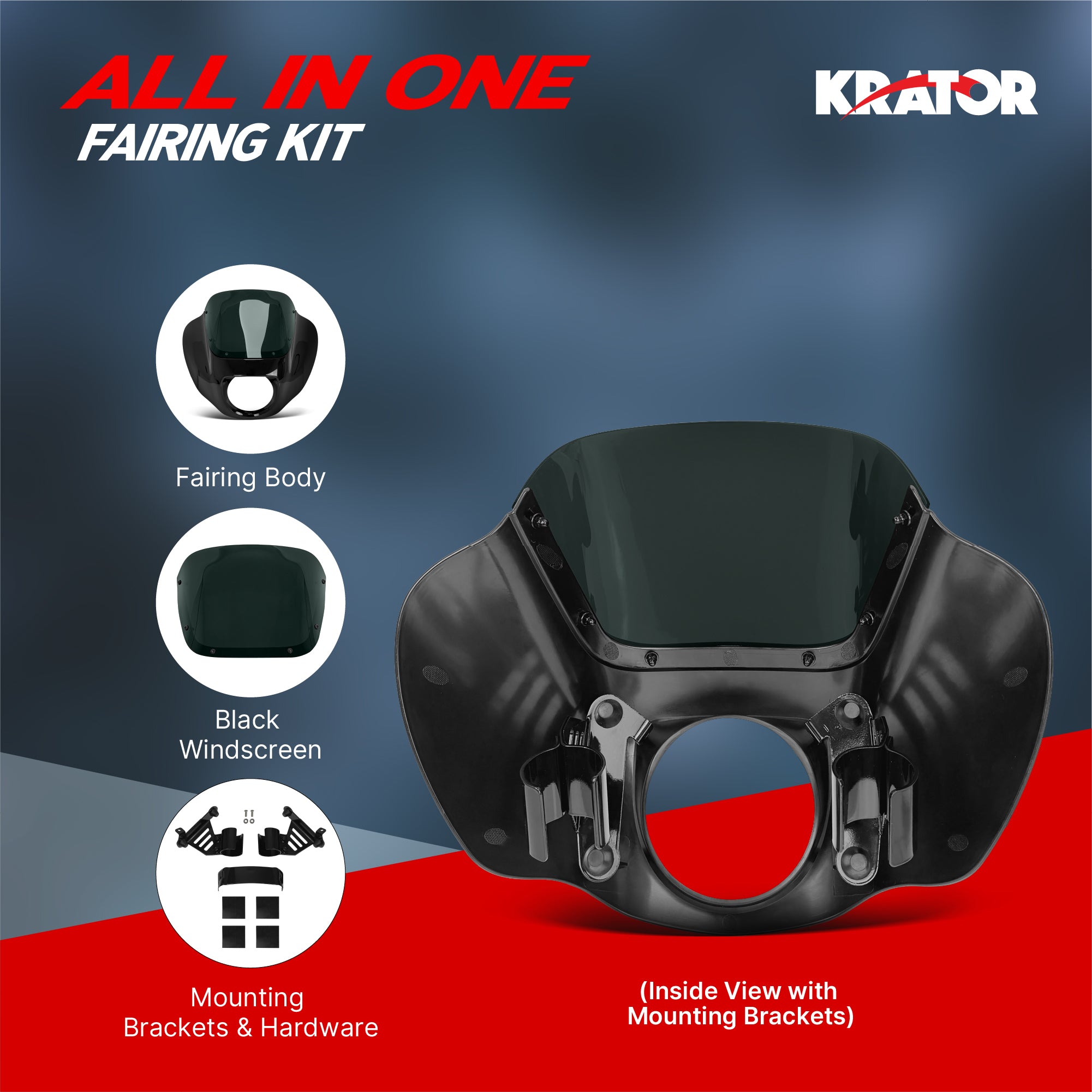 Krator Gloss Black ABS Quarter Motorcycle Fairing with 9" Windshield, Smoke