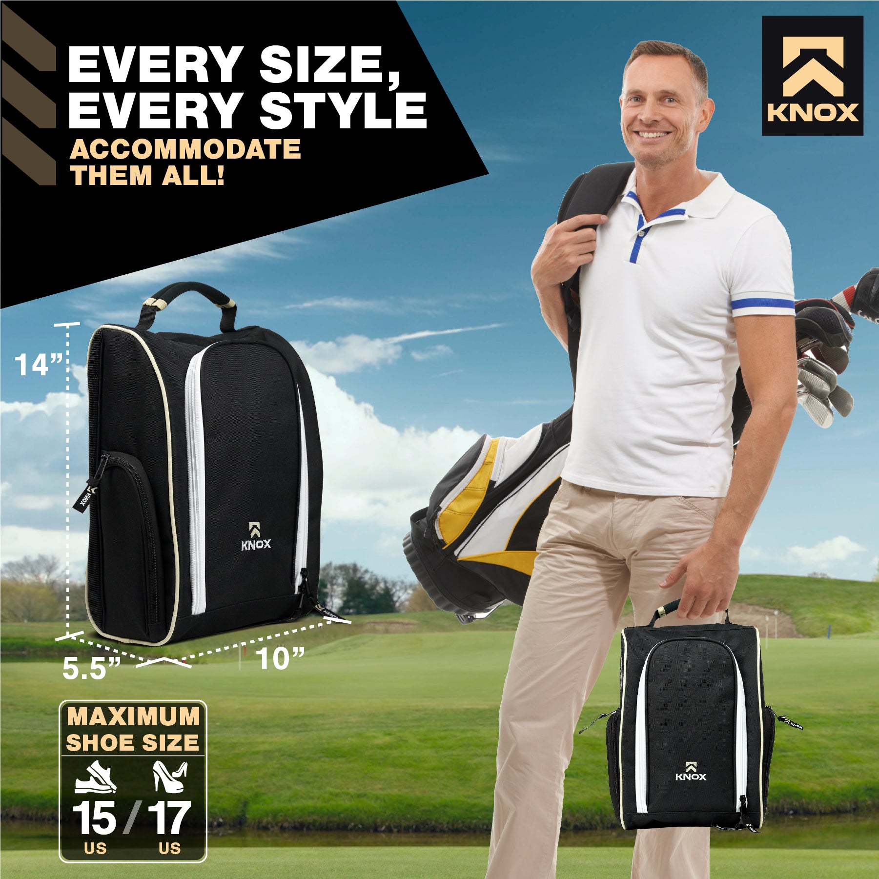 KNOX Unisex Golf Shoe Bag with Ventilation & Side Pockets for Socks, Tees, Keys