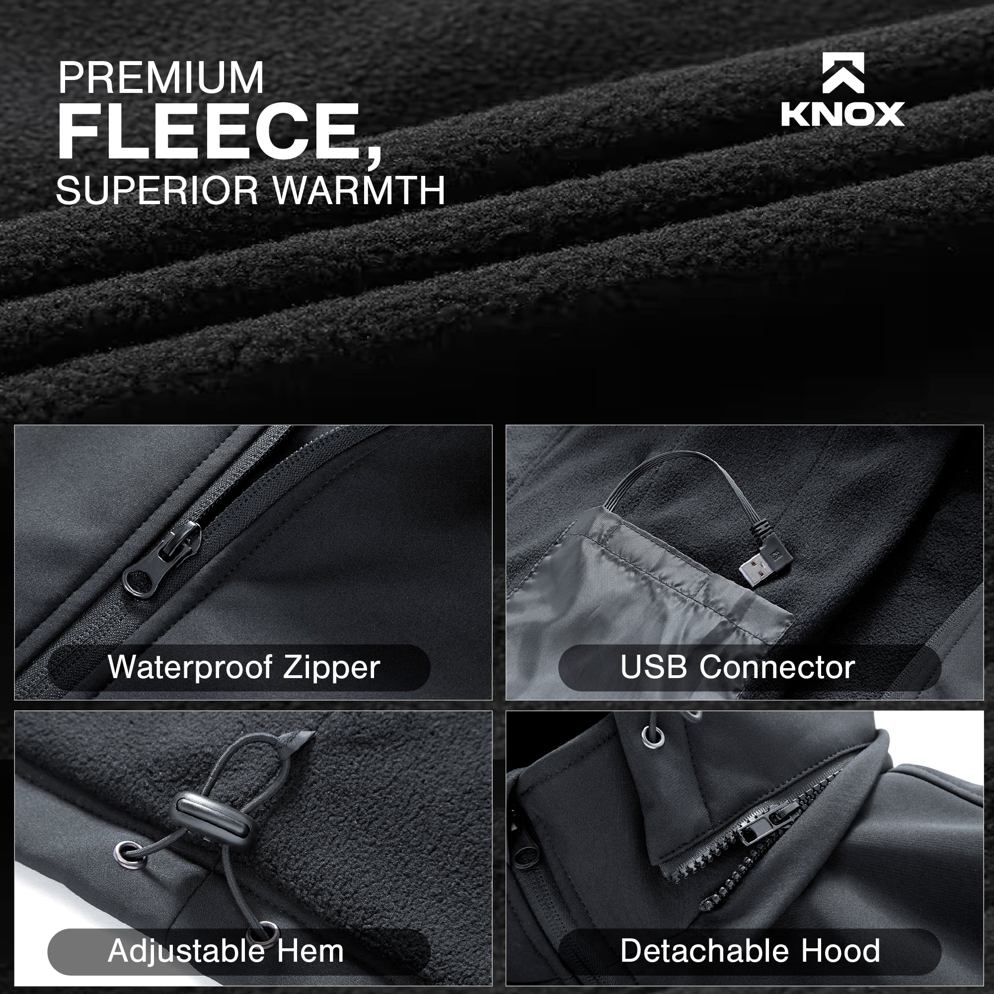 KNOX Unisex Heated Jacket with 4 Heat Zones, USB Powered