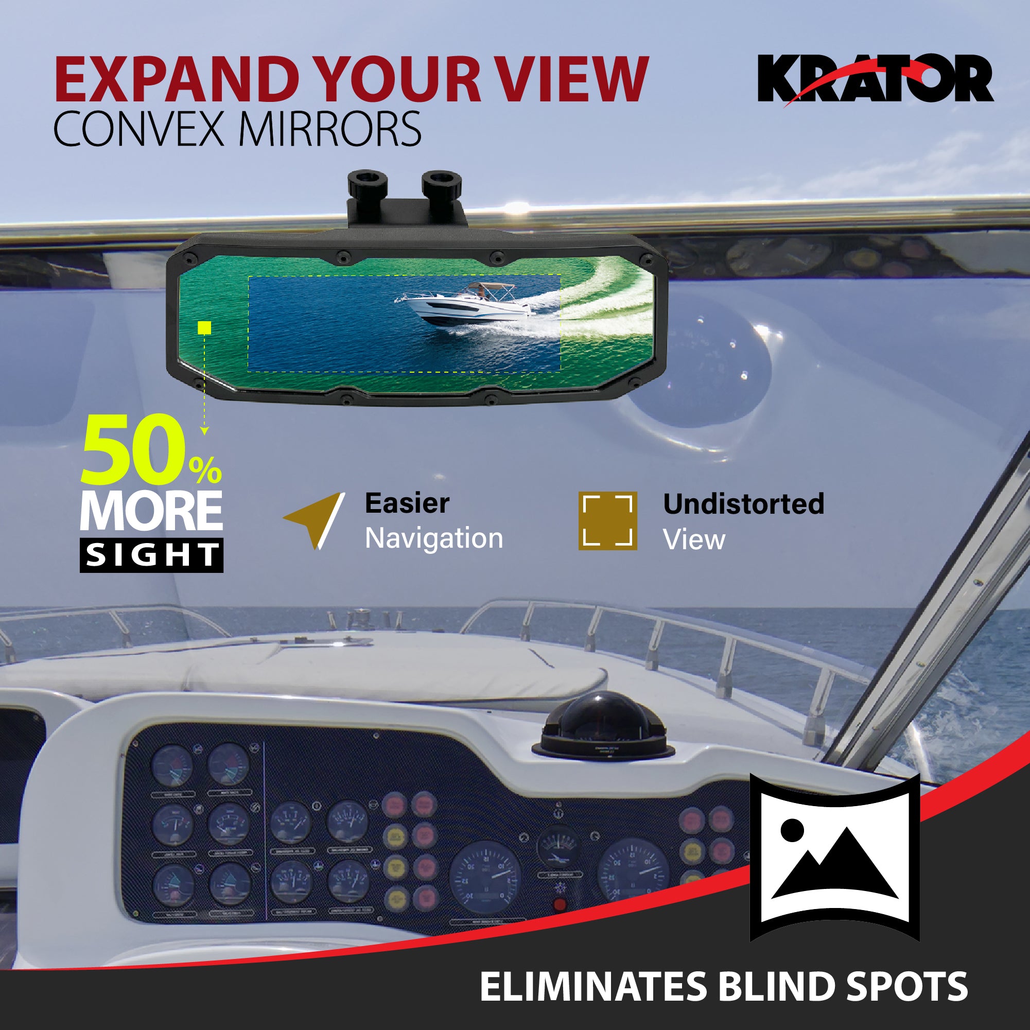 Krator Boat Mirror Rear View for 0.4"-1.2" Rails, Convex Wide-Angle Design