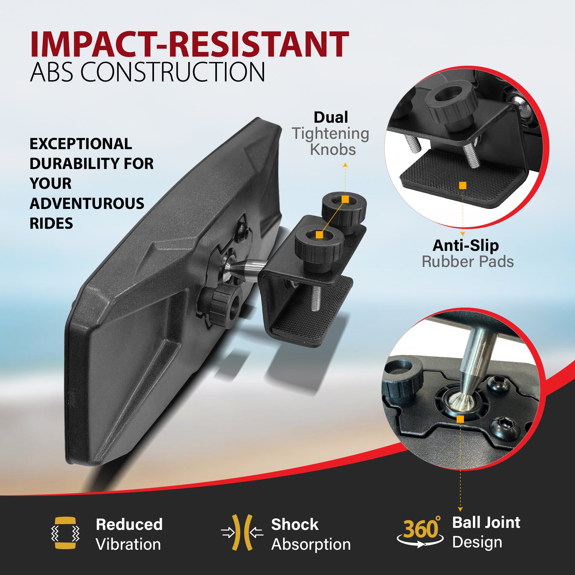 Krator Boat Mirror Rear View for 0.4"-1.2" Rails, Convex Wide-Angle Design