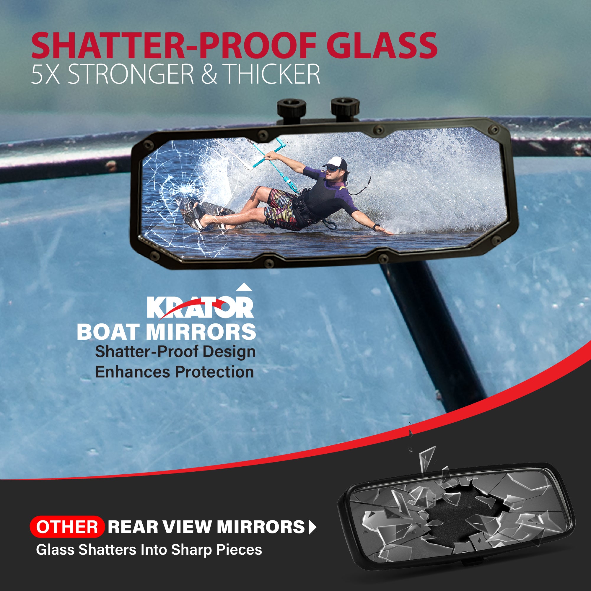 Krator Boat Mirror Rear View for 0.4"-1.2" Rails, Convex Wide-Angle Design