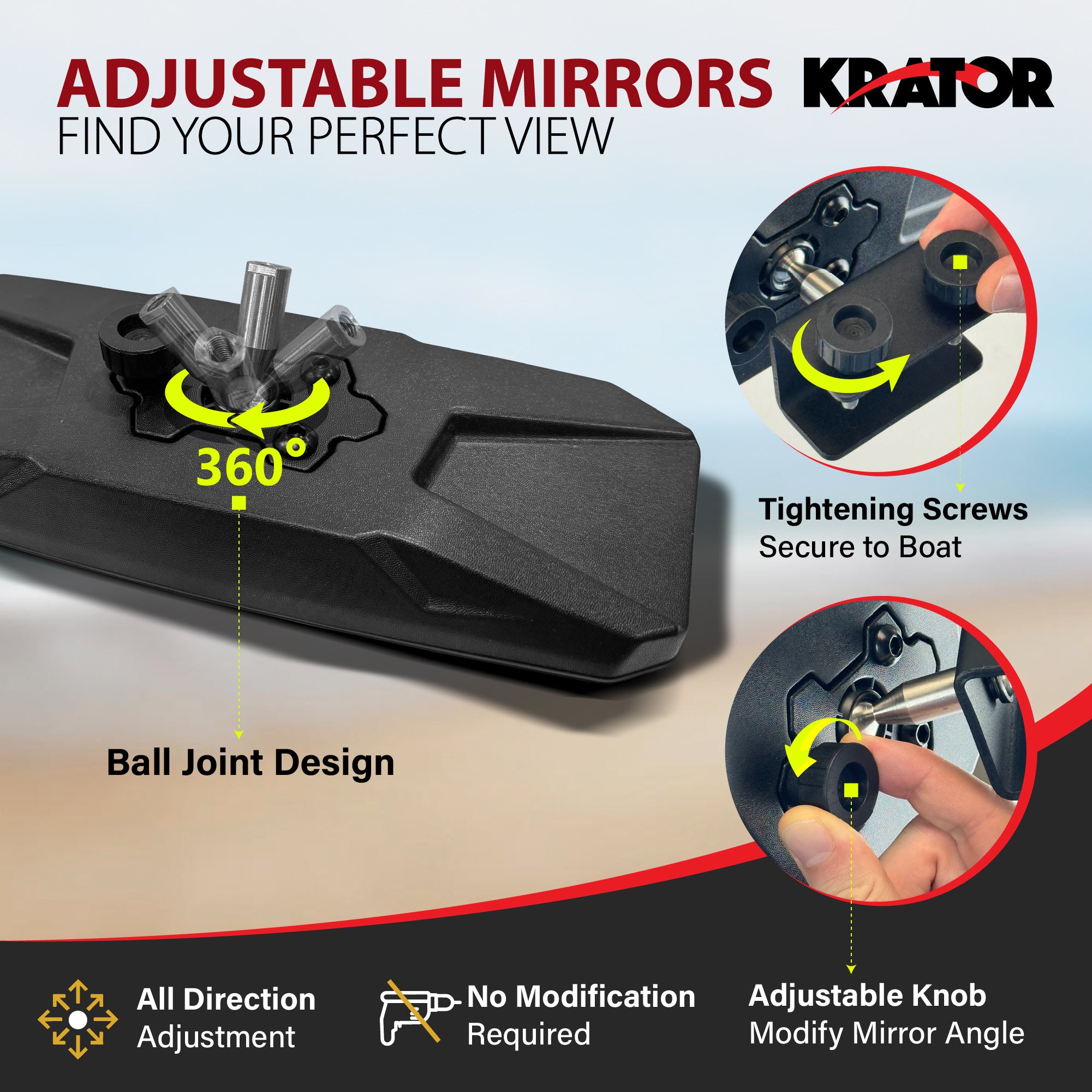 Krator Boat Mirror Rear View for 0.4"-1.2" Rails, Convex Wide-Angle Design