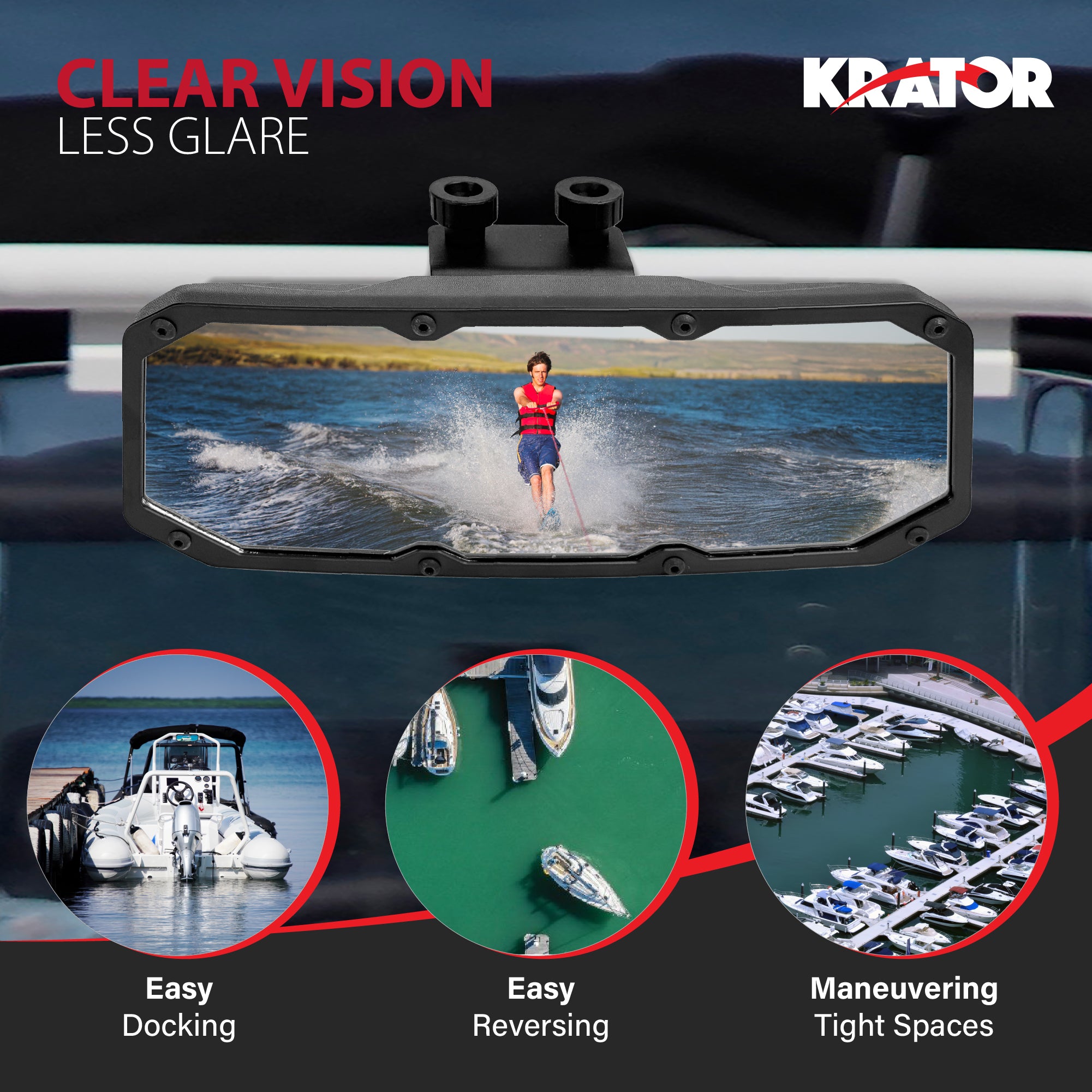 Krator Boat Mirror Rear View for 0.4"-1.2" Rails, Convex Wide-Angle Design
