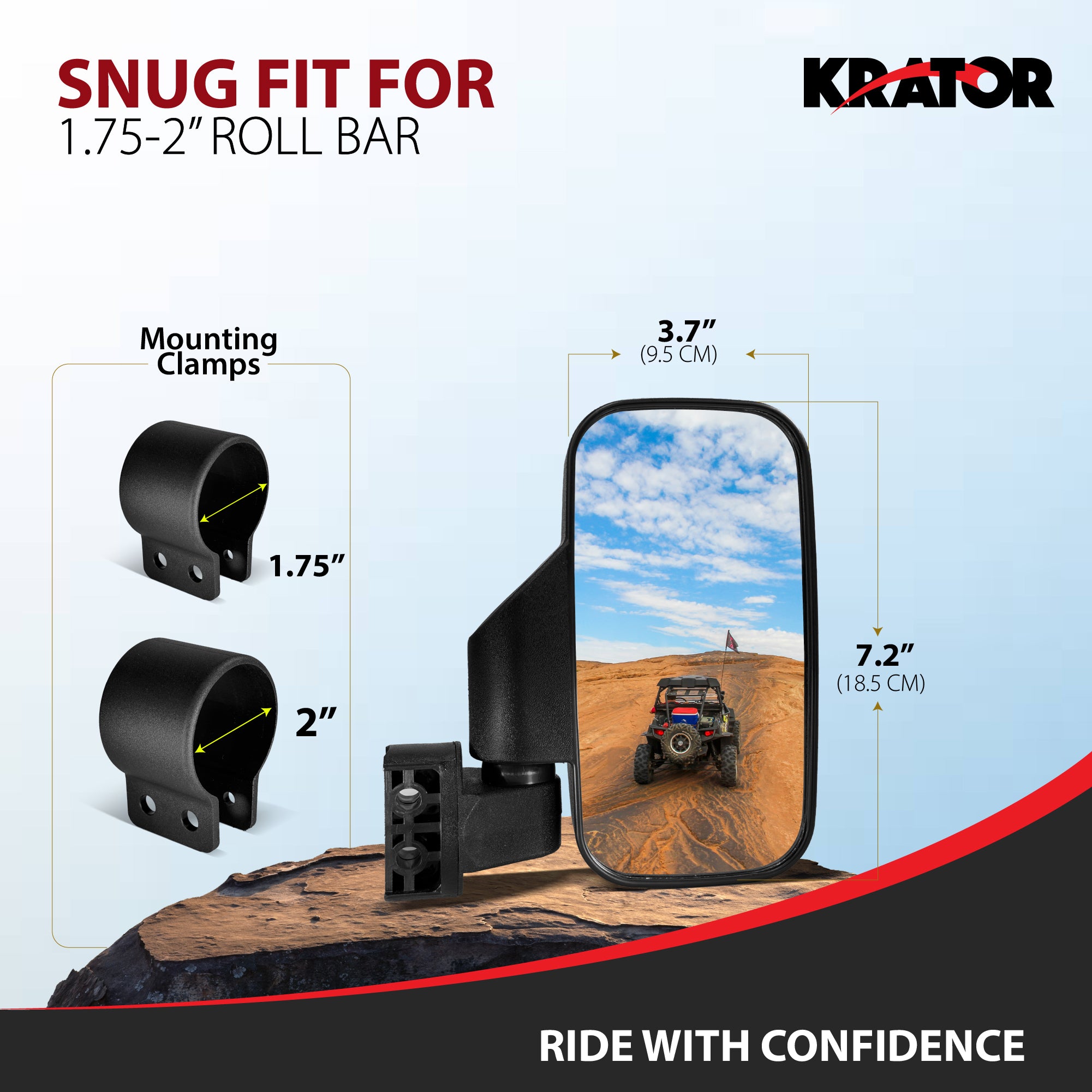 Krator UTV Side Mirrors for 1.75"- 2" Roll Bar Cage, Adjustable UTV Mirrors