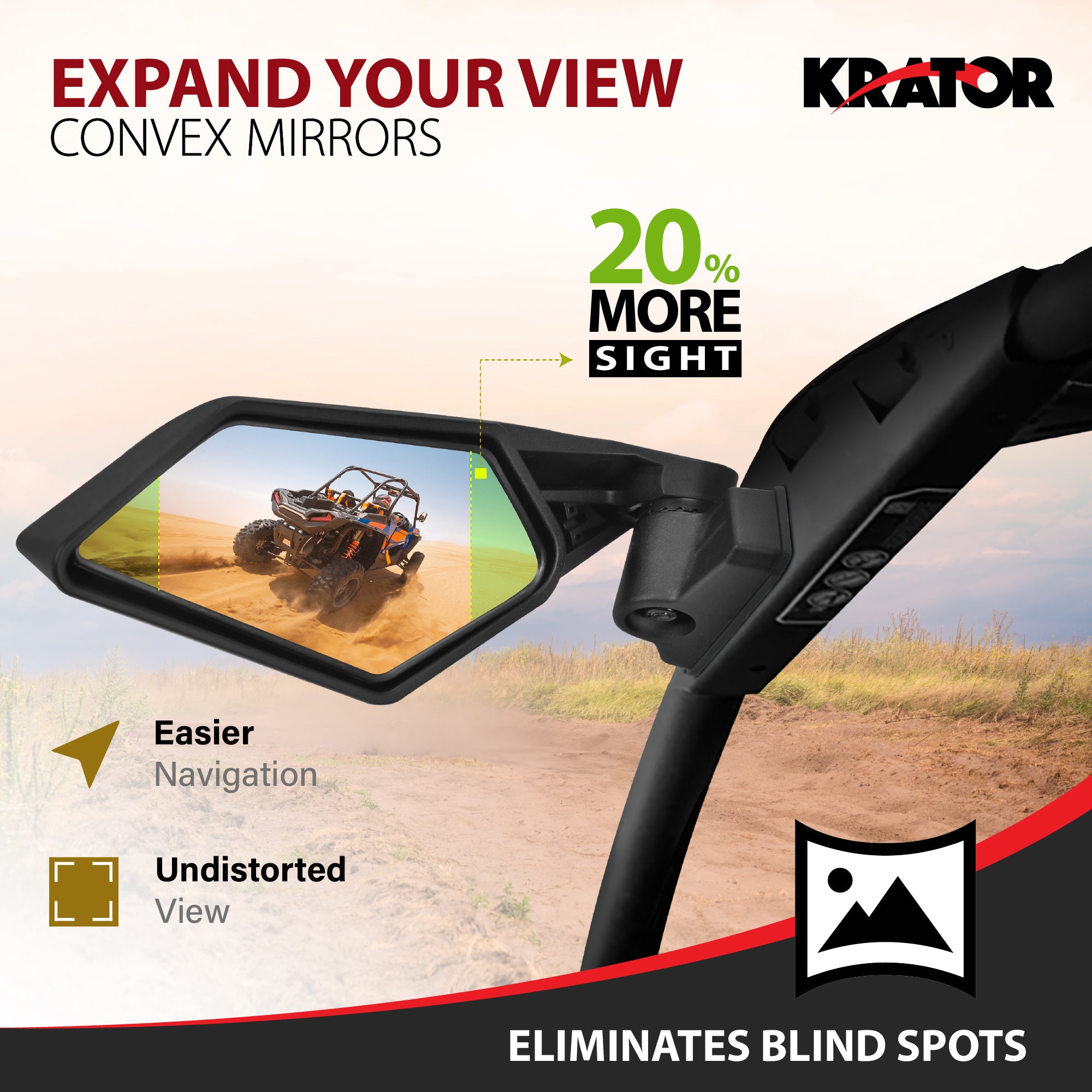 Krator UTV Side Mirrors with Mounting Points, Convex Glass & Breakaway Design