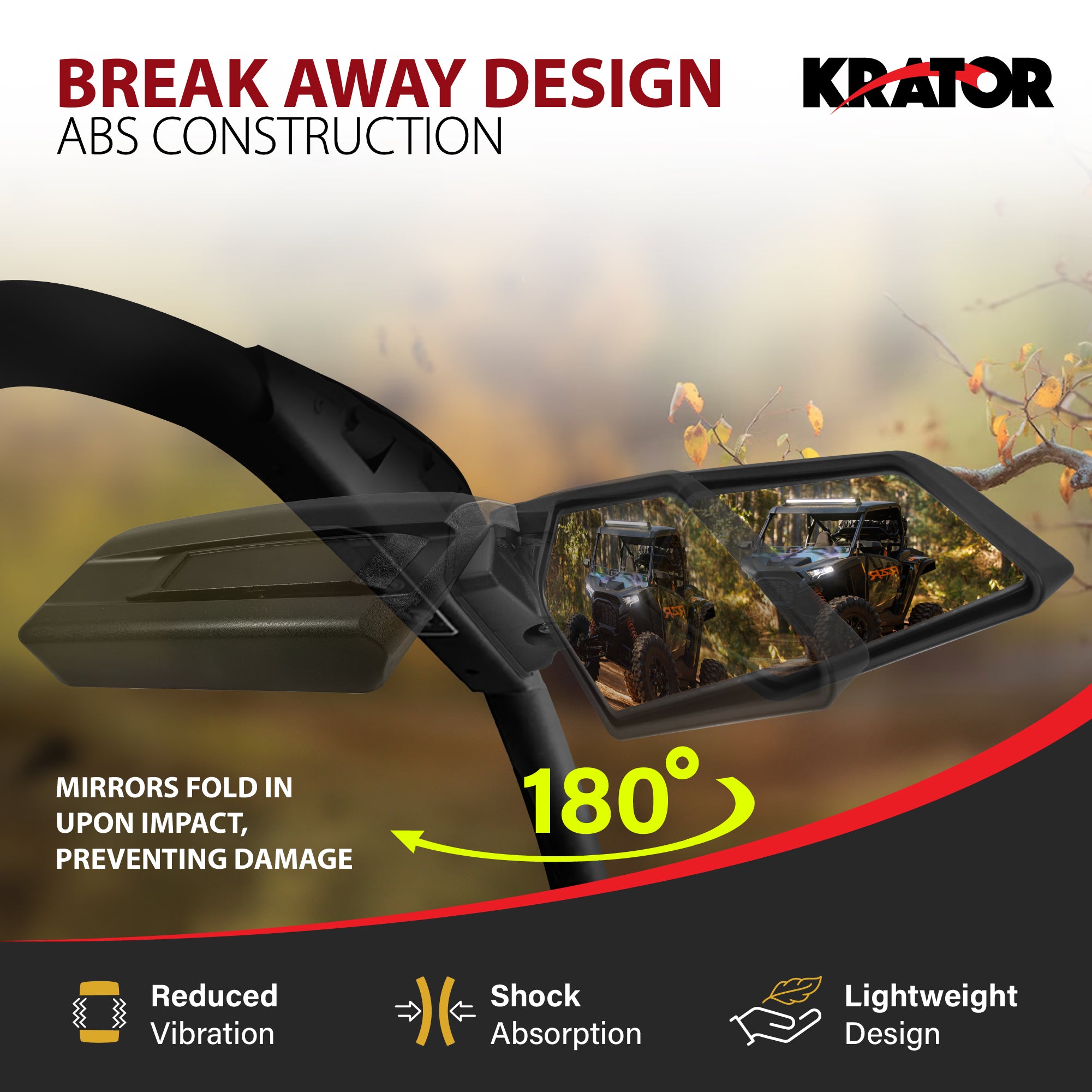 Krator UTV Side Mirrors with Mounting Points, Convex Glass & Breakaway Design