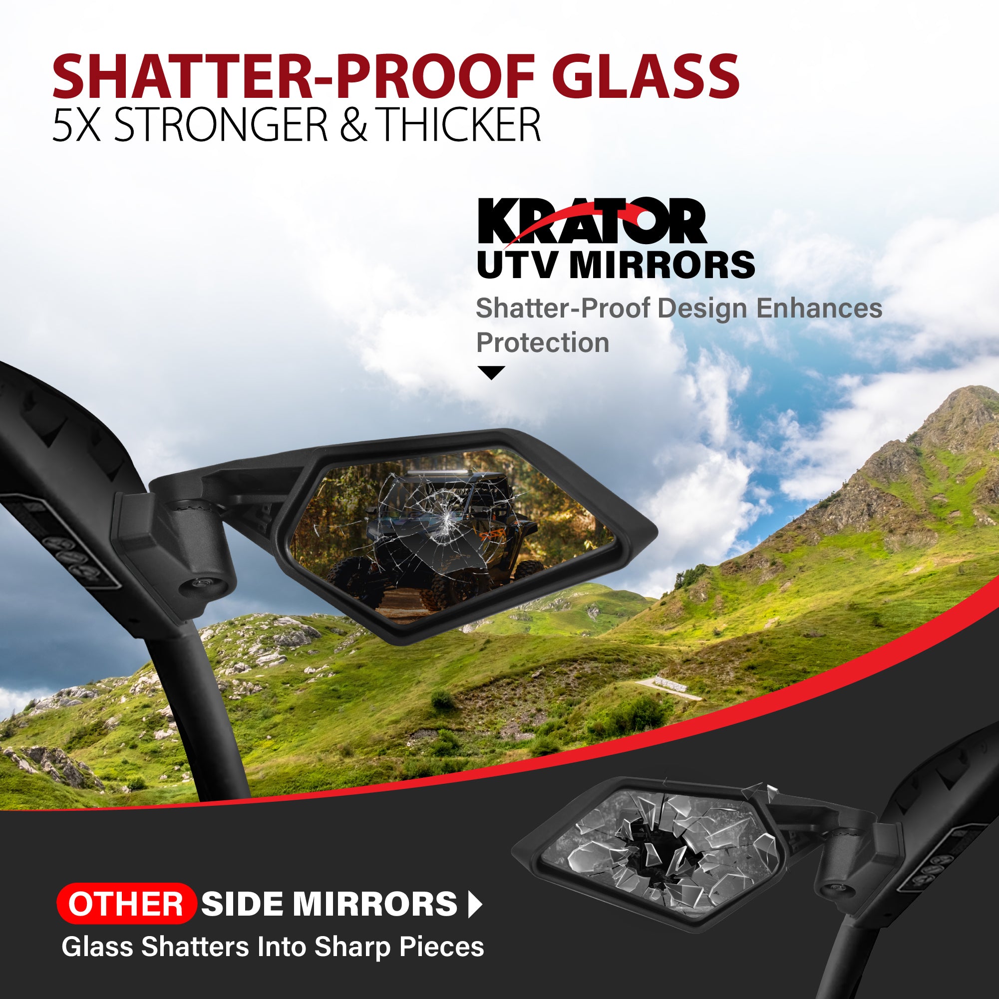 Krator UTV Side Mirrors with Mounting Points, Convex Glass & Breakaway Design