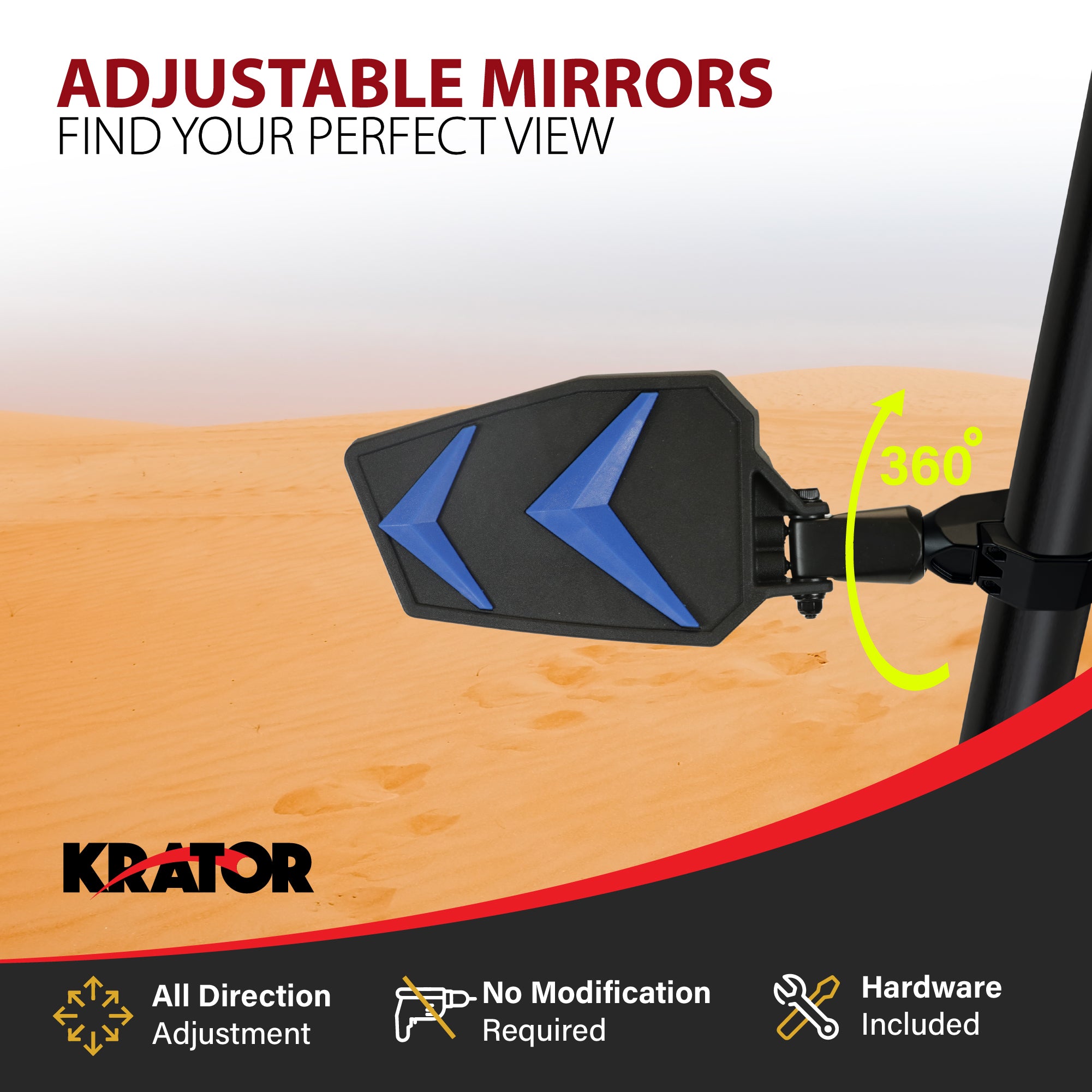 Krator UTV Side Mirrors 1.75"- 2" Roll Bar Cage, Includes 4-Changeable Inserts
