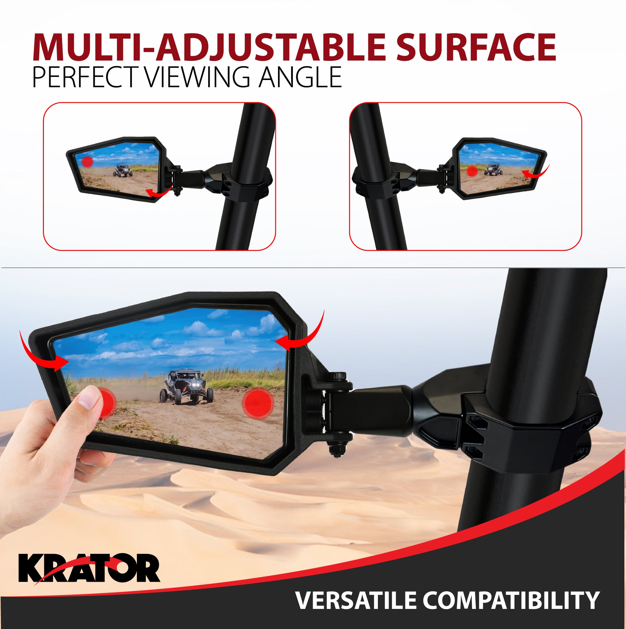 Krator UTV Side Mirrors 1.75"- 2" Roll Bar Cage, Includes 4-Changeable Inserts