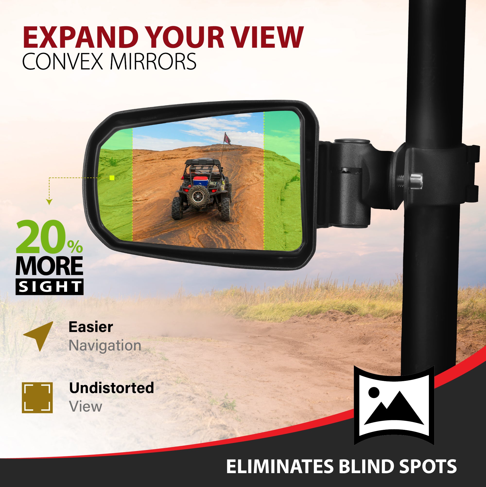 Krator UTV Side Mirrors 1.75" Roll Bar with Windshield, Adjustable UTV Mirrors