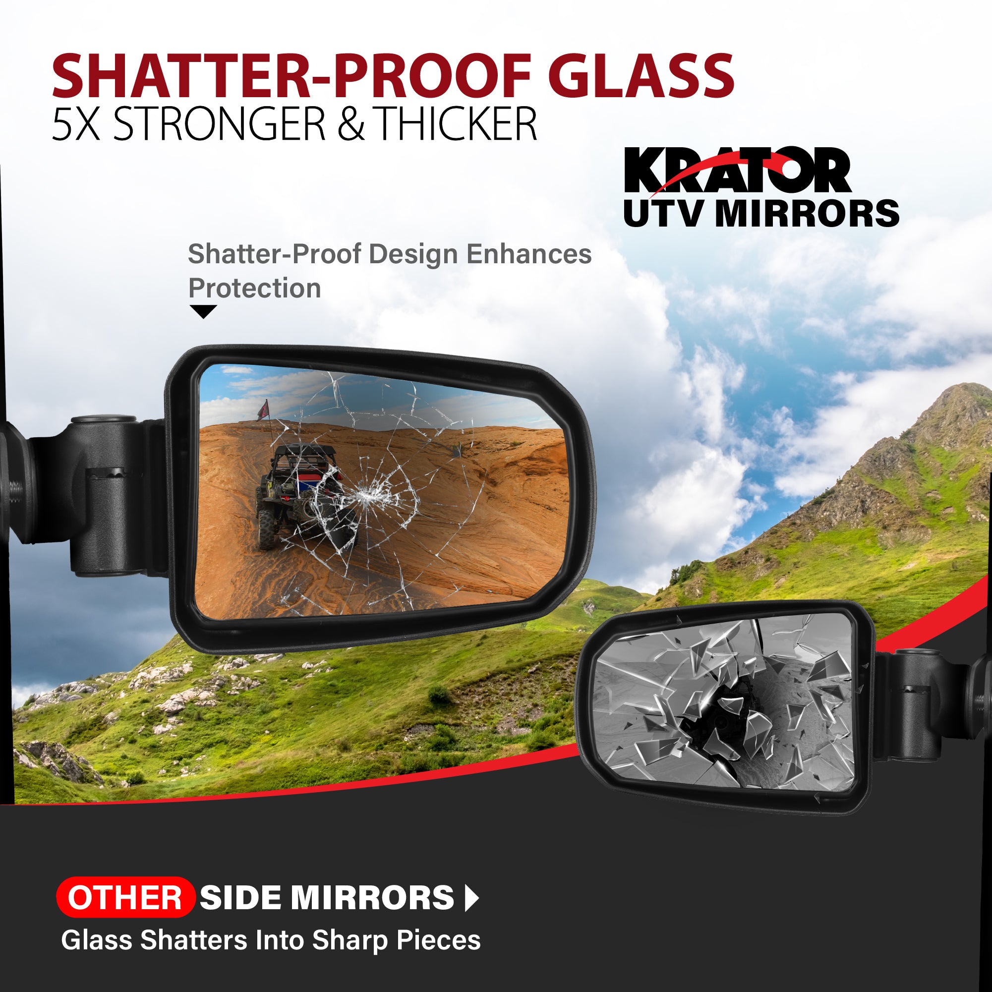 Krator UTV Side Mirrors 1.75" Roll Bar with Windshield, Adjustable UTV Mirrors