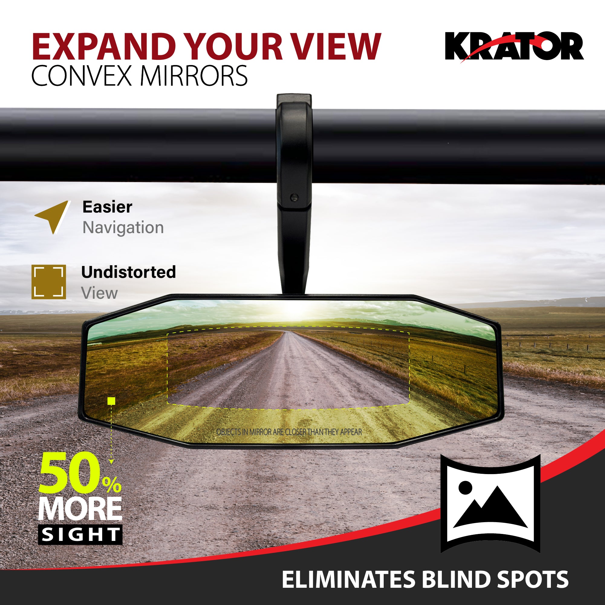 Krator UTV Rear View Mirror 1.75"Roll Bar, Adjustable Convex Wide-Angle Design