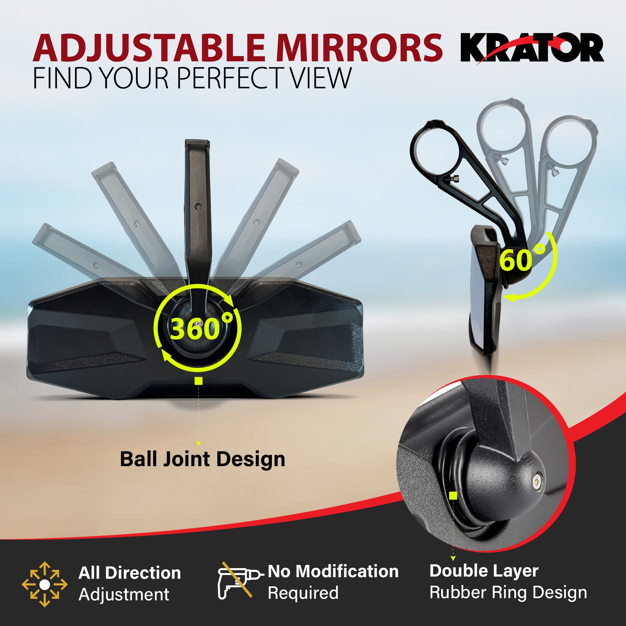 Krator UTV Rear View Mirror 1.75"Roll Bar, Adjustable Convex Wide-Angle Design