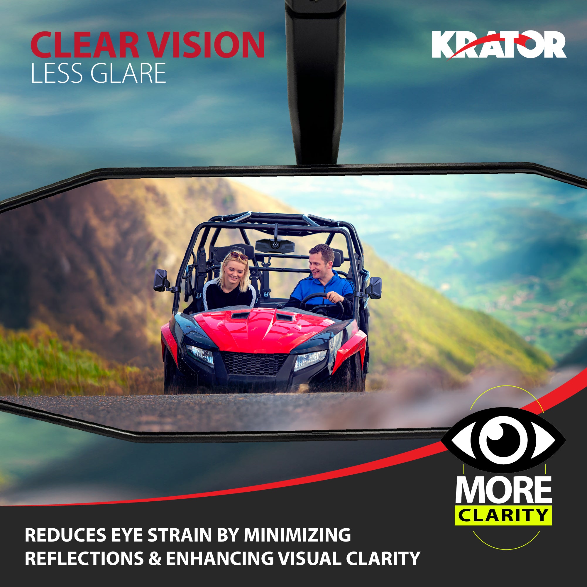 Krator UTV Rear View Mirror 1.75"Roll Bar, Adjustable Convex Wide-Angle Design