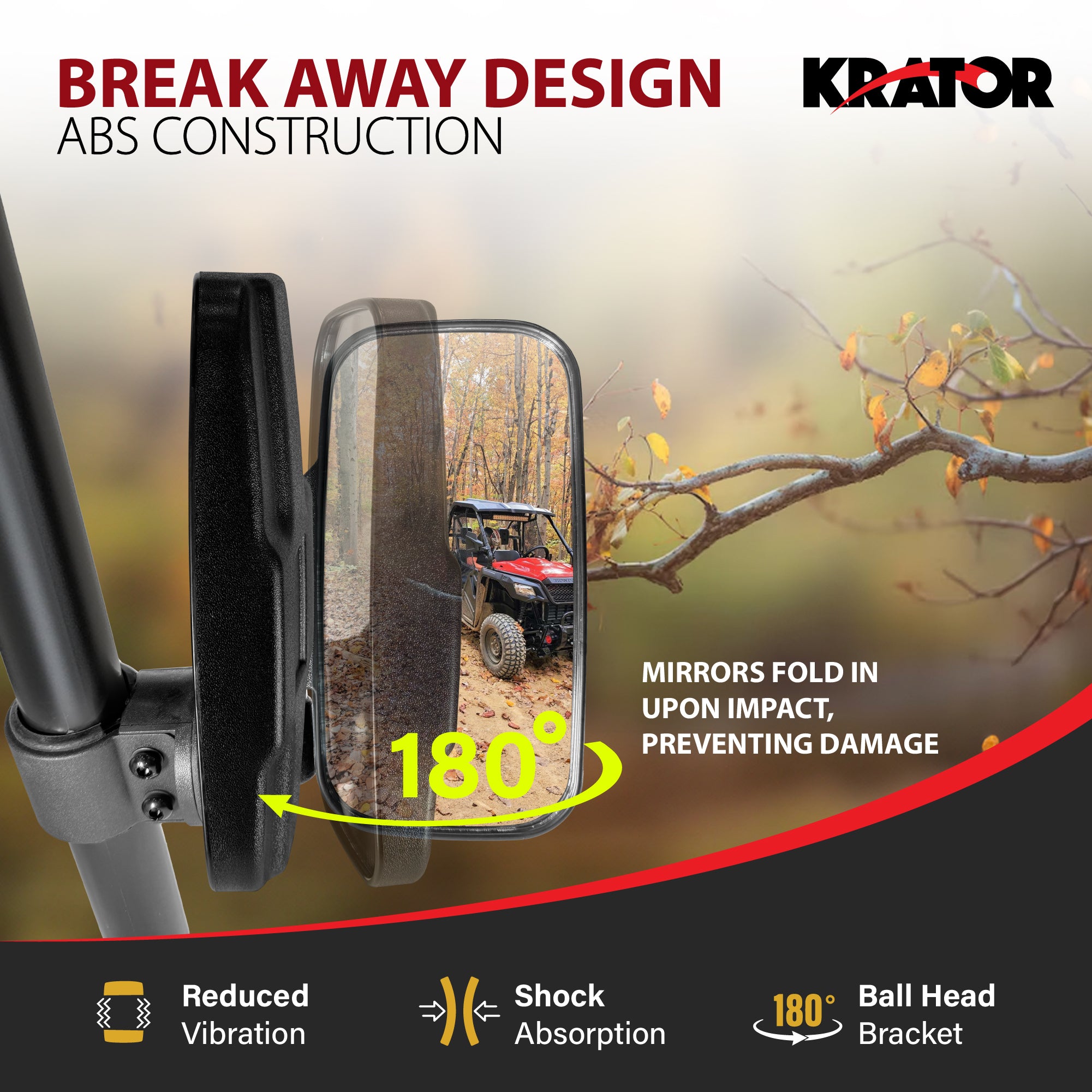 Krator UTV Side Mirrors for 1.6"- 2" Roll Bar Cage, Adjustable UTV Mirrors