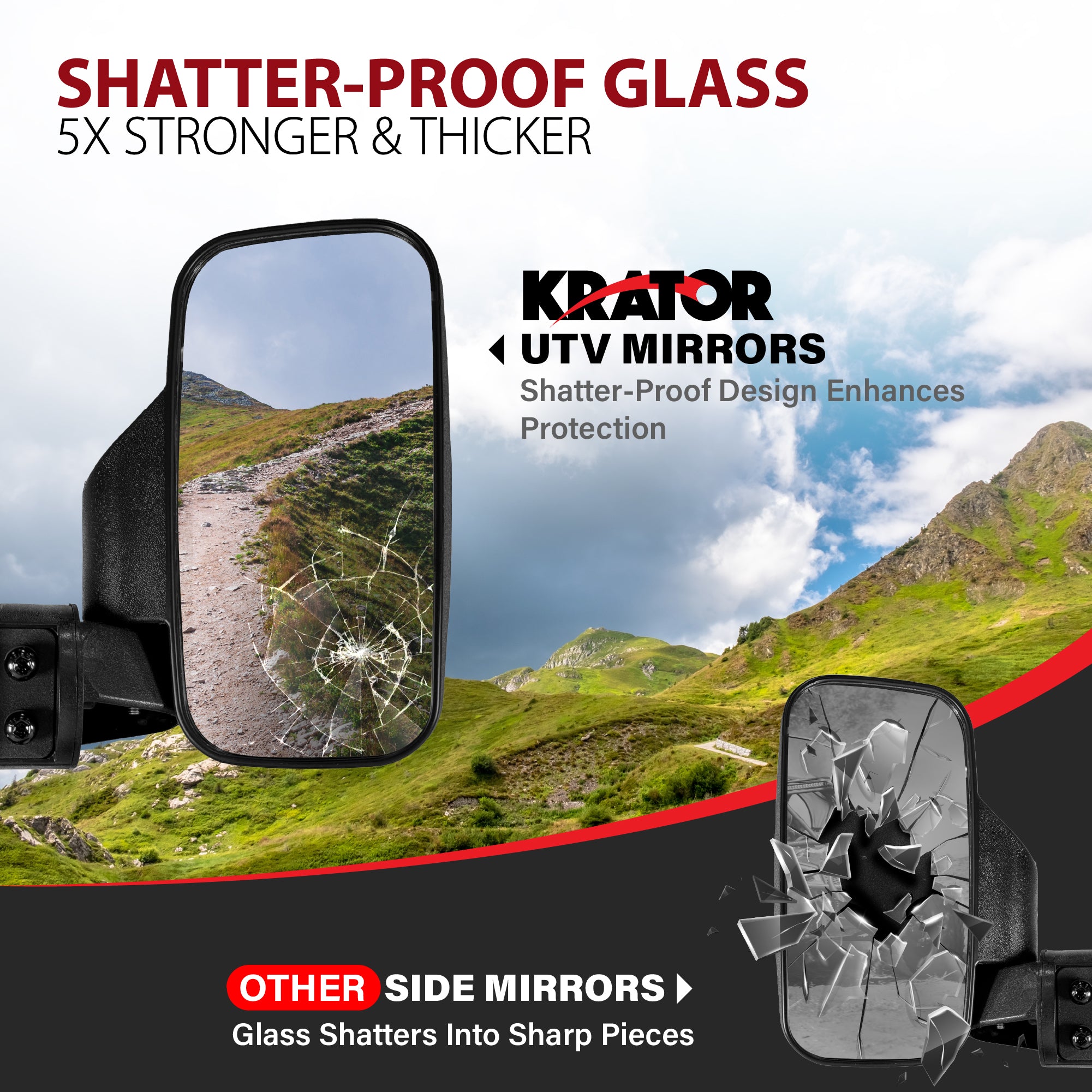Krator UTV Side Mirrors for 1.6"- 2" Roll Bar Cage, Adjustable UTV Mirrors