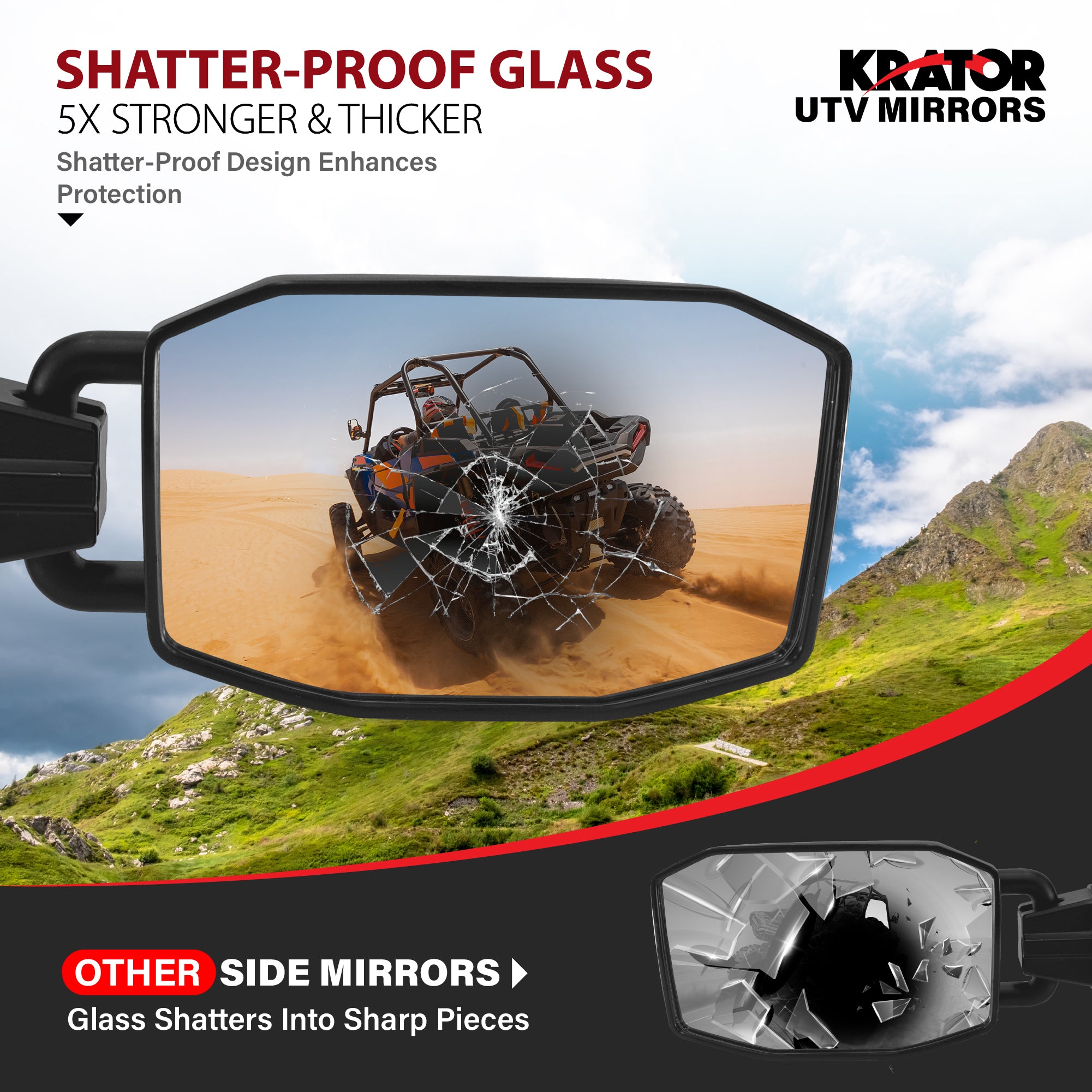 Krator UTV Side Mirrors for 1.75"-2" Roll Bar Cage, Adjustable UTV Mirrors
