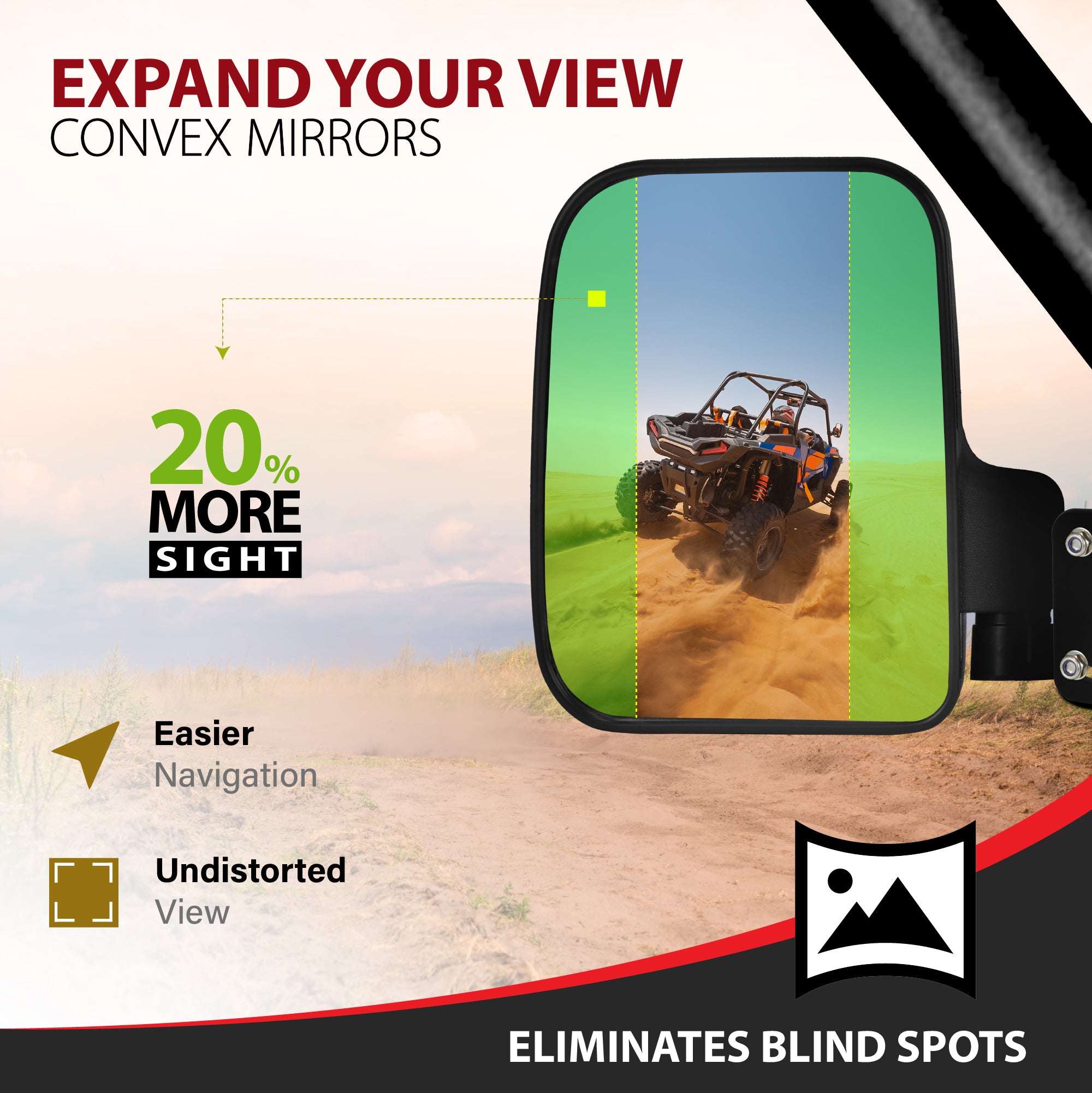 Krator UTV Side Mirrors for Roll Cage Bolts, Adjustable Convex UTV Mirrors