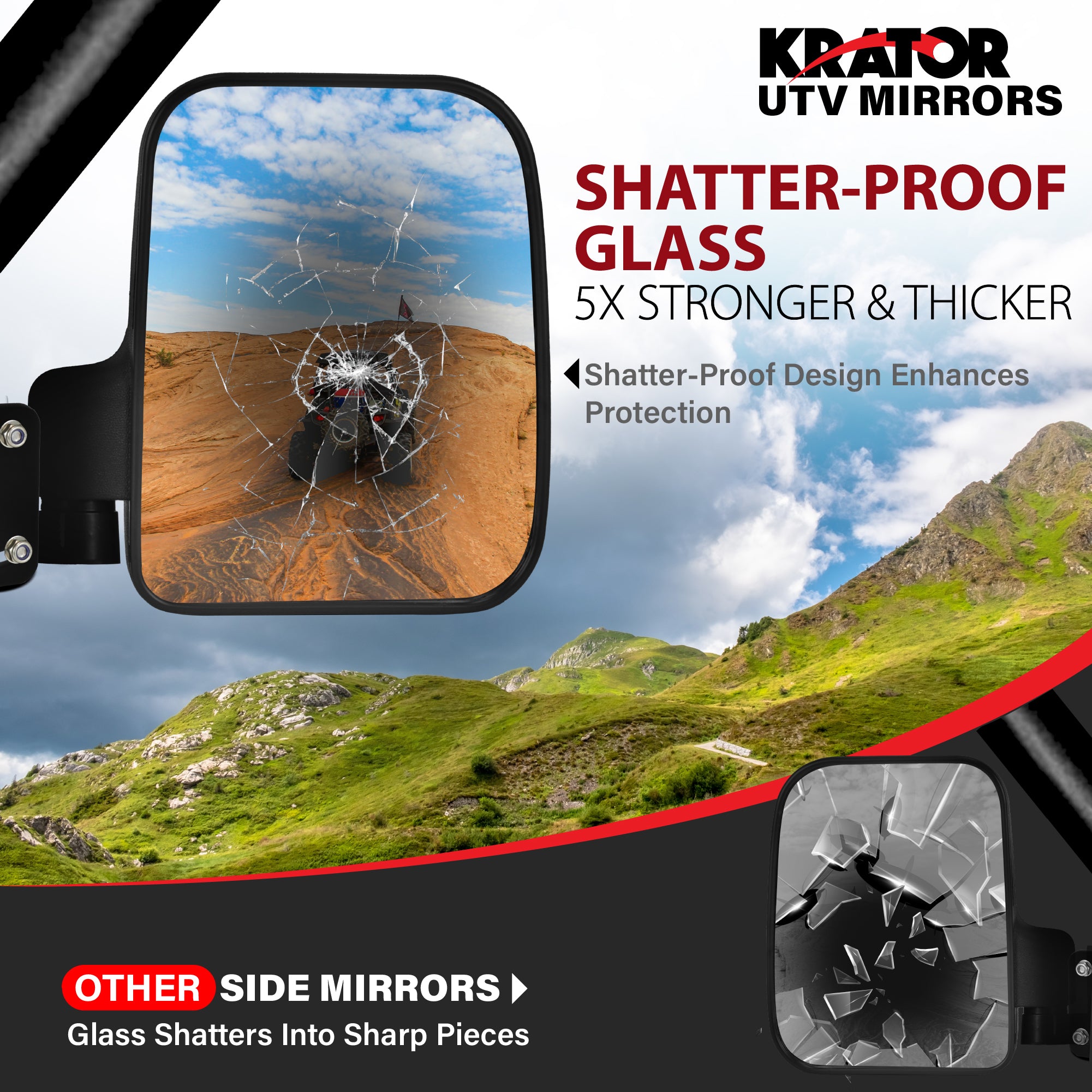 Krator UTV Side Mirrors for Roll Cage Bolts, Adjustable Convex UTV Mirrors