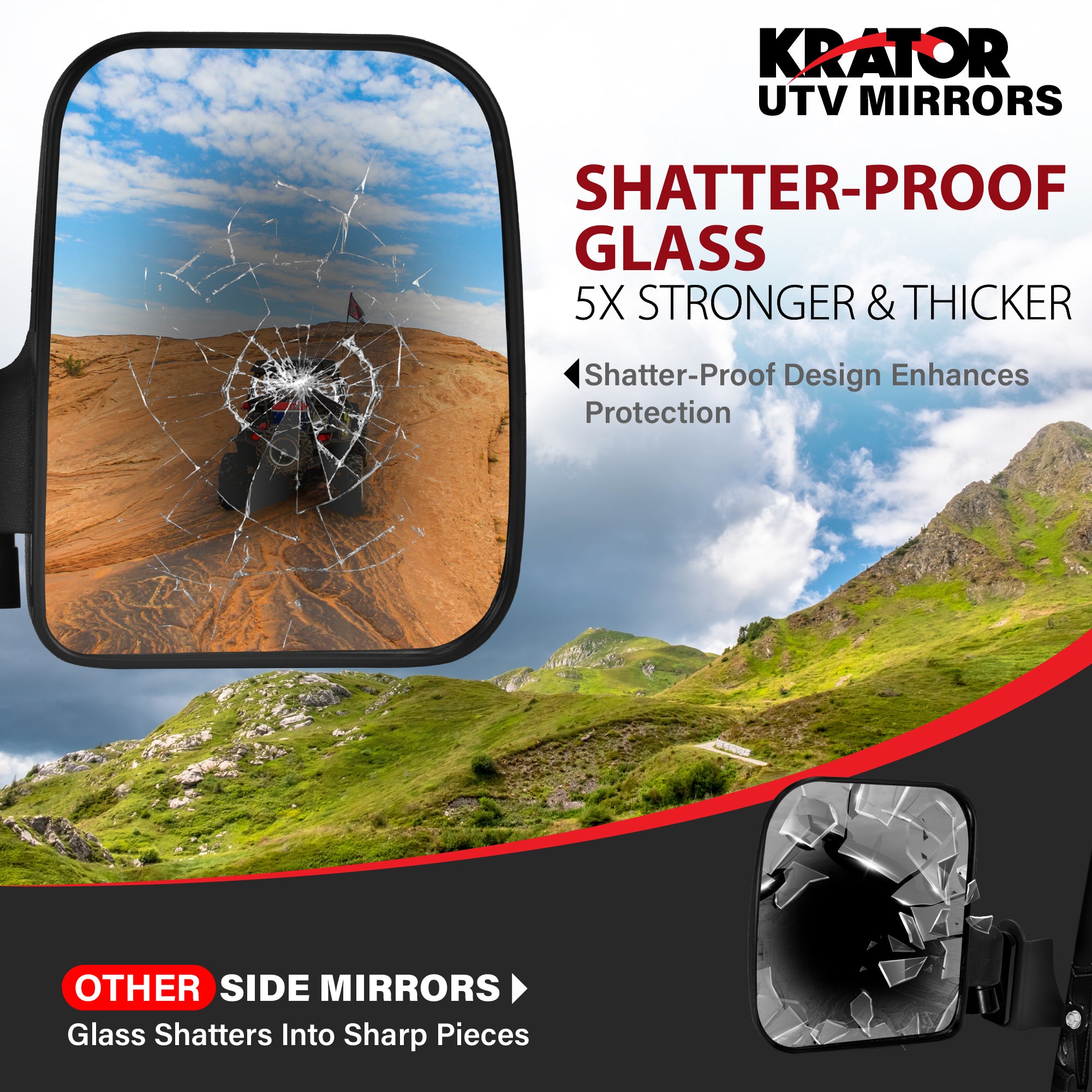Krator UTV Side Mirrors for Roll Cage Bolts, Adjustable Convex UTV Mirrors