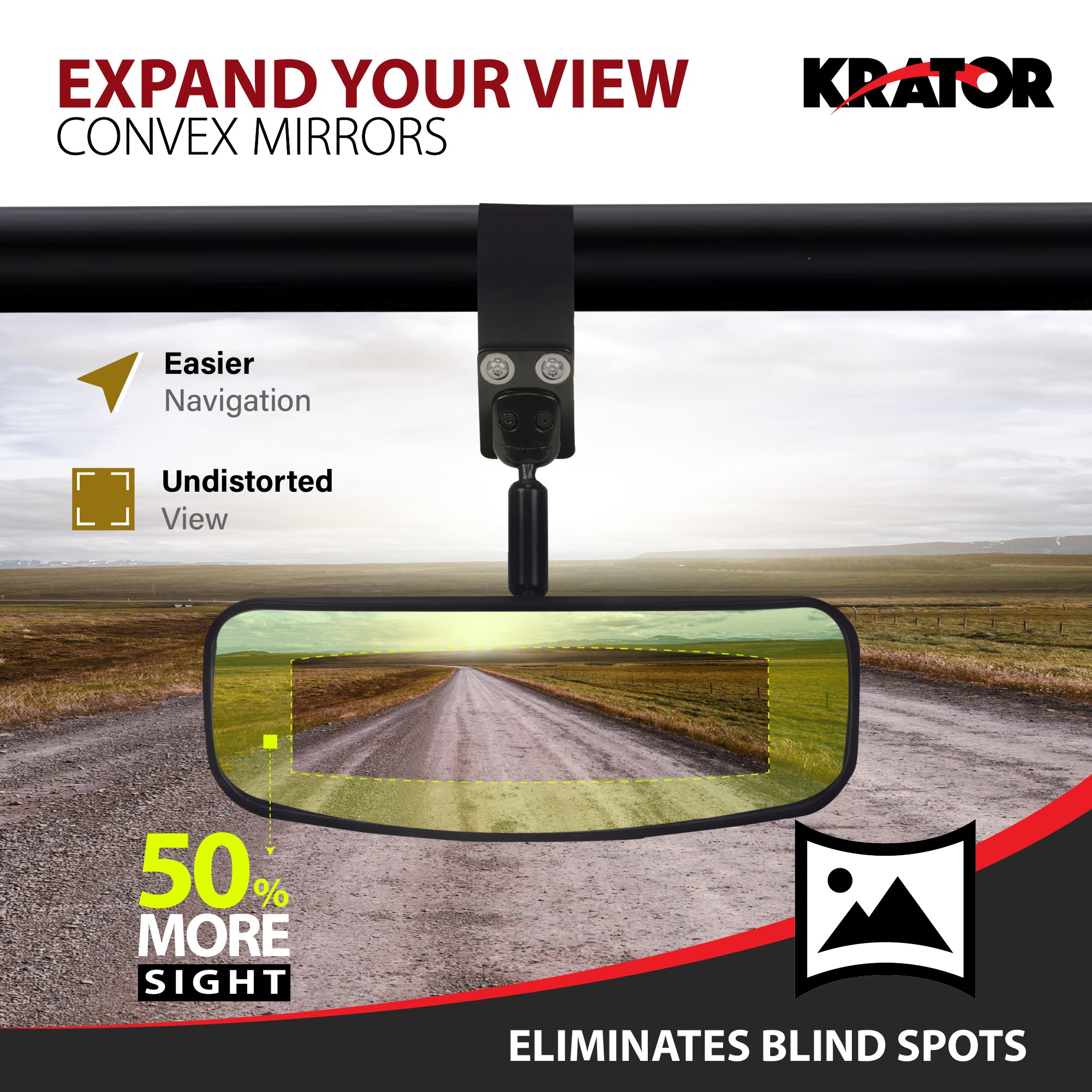 Krator UTV Rear View Mirror for 1.75"-2" Roll Bar, Wide-Angle Convex UTV Mirror