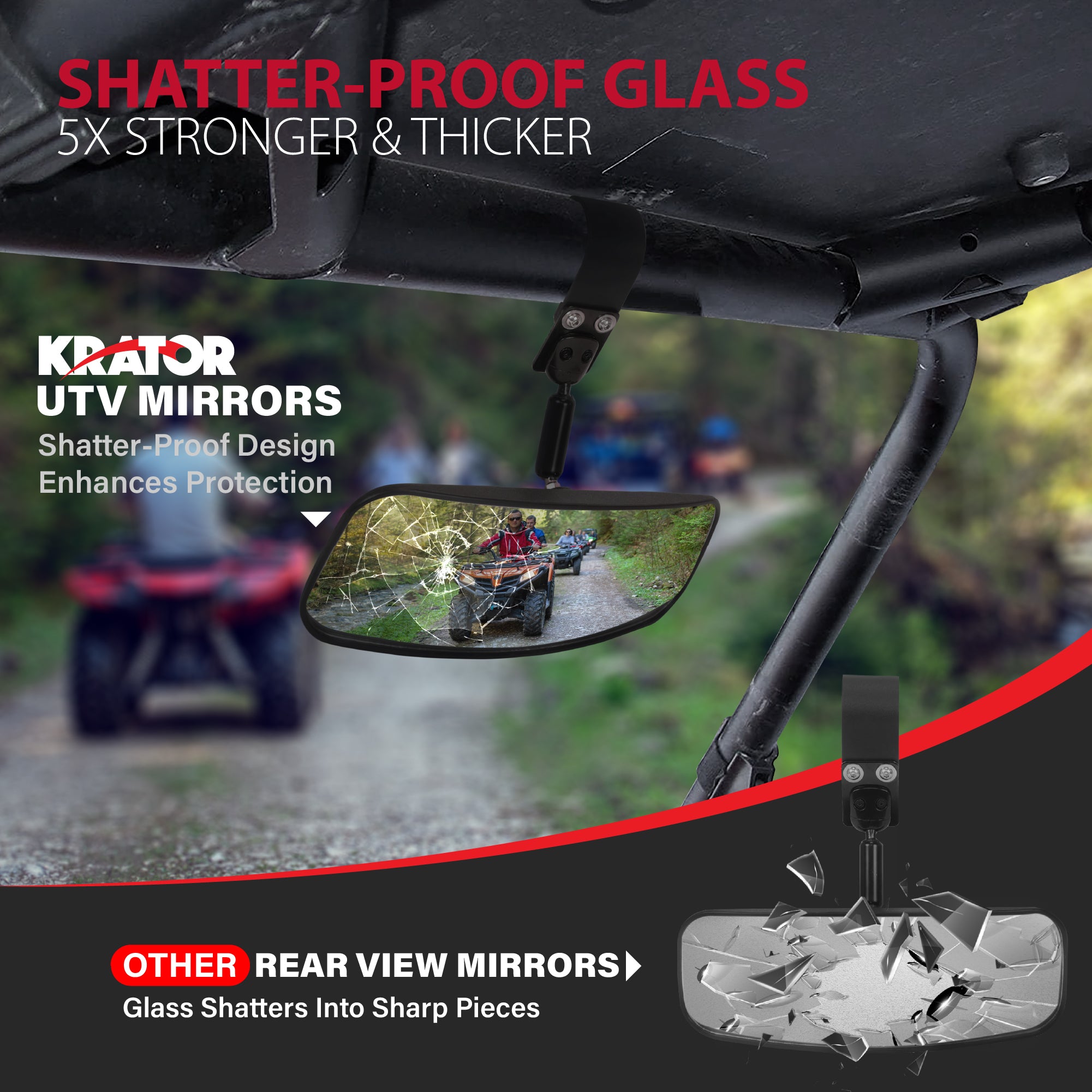 Krator UTV Rear View Mirror for 1.75"-2" Roll Bar, Wide-Angle Convex UTV Mirror