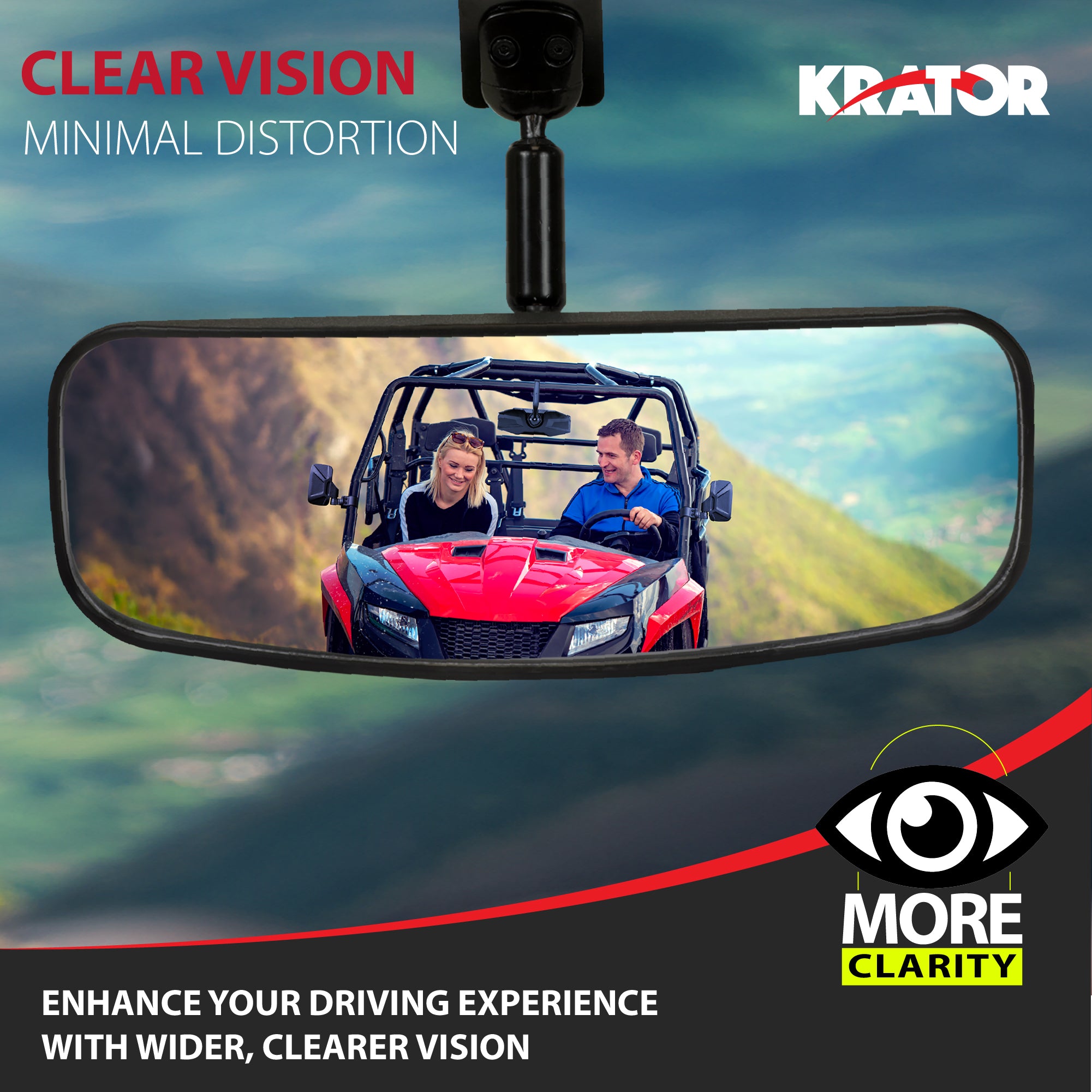 Krator UTV Rear View Mirror for 1.75"-2" Roll Bar, Wide-Angle Convex UTV Mirror