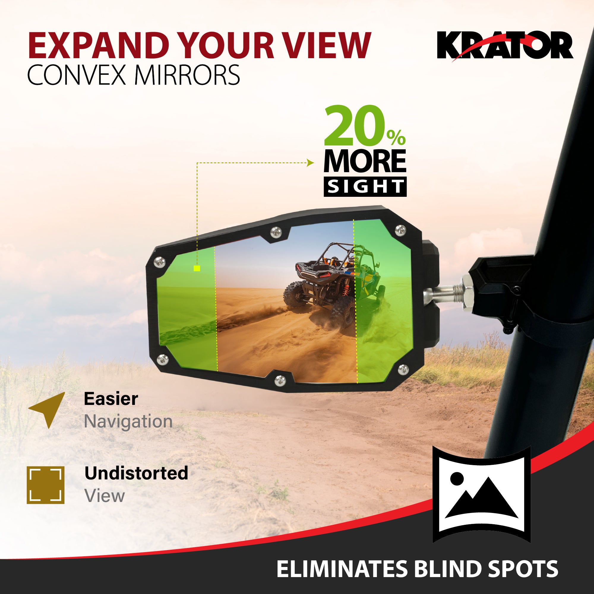 Krator Adjustable UTV Side Mirrors for 1.5"-2" Roll Bar Cage with Windshield