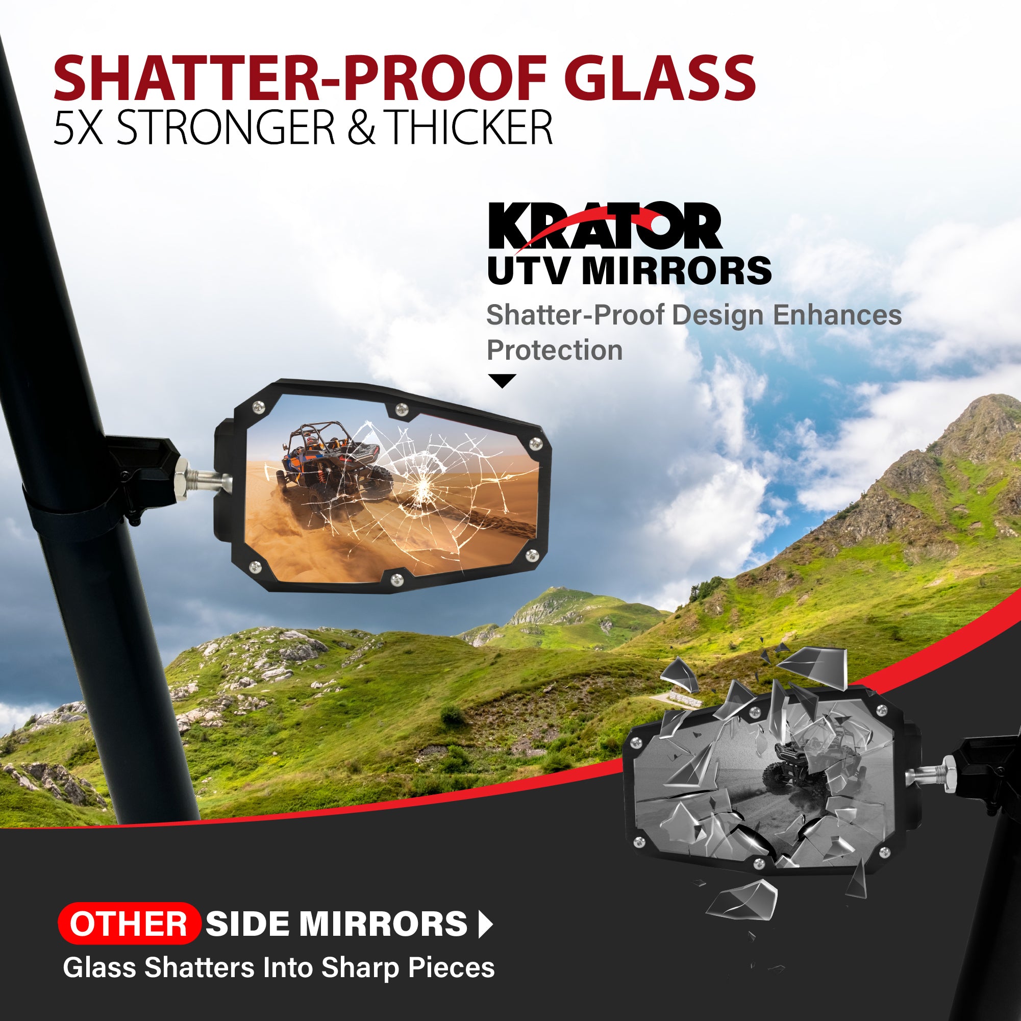 Krator Adjustable UTV Side Mirrors for 1.5"-2" Roll Bar Cage with Windshield