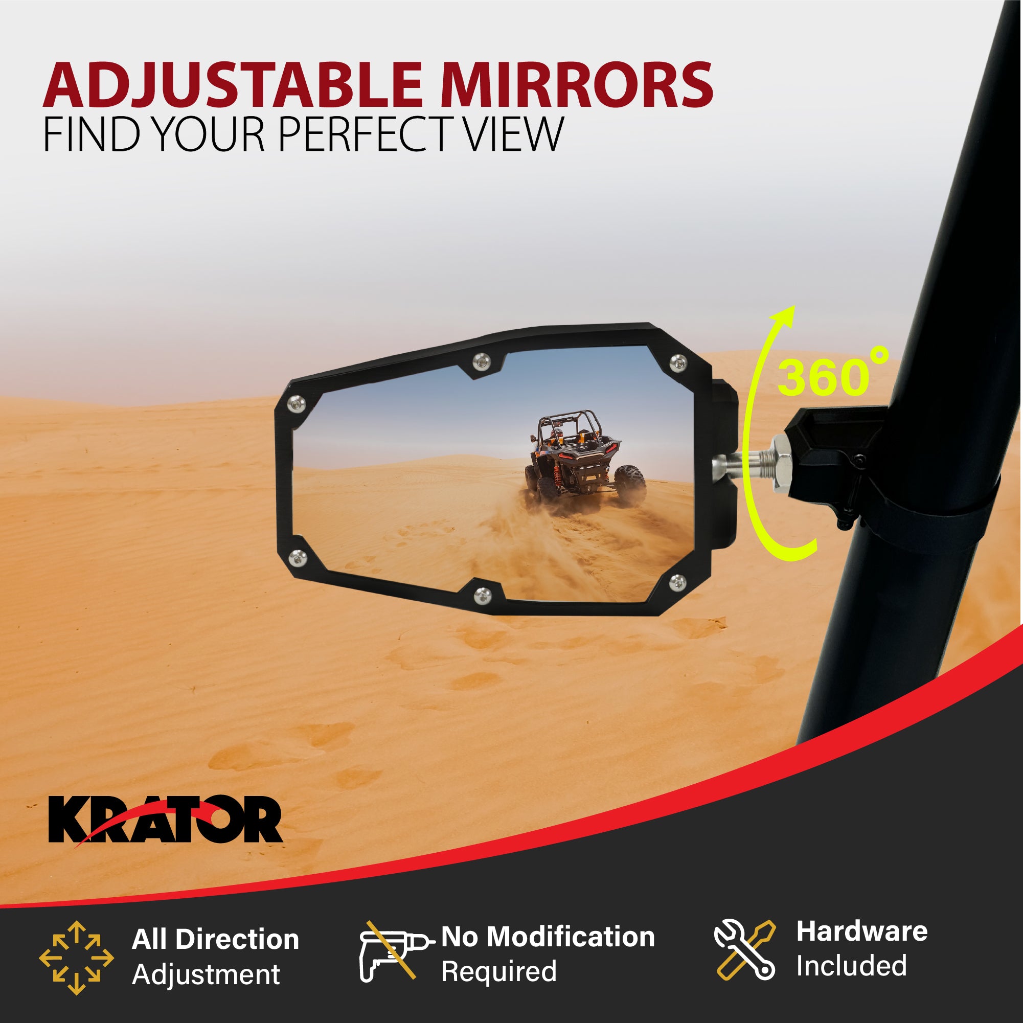 Krator Adjustable UTV Side Mirrors for 1.5"-2" Roll Bar Cage with Windshield