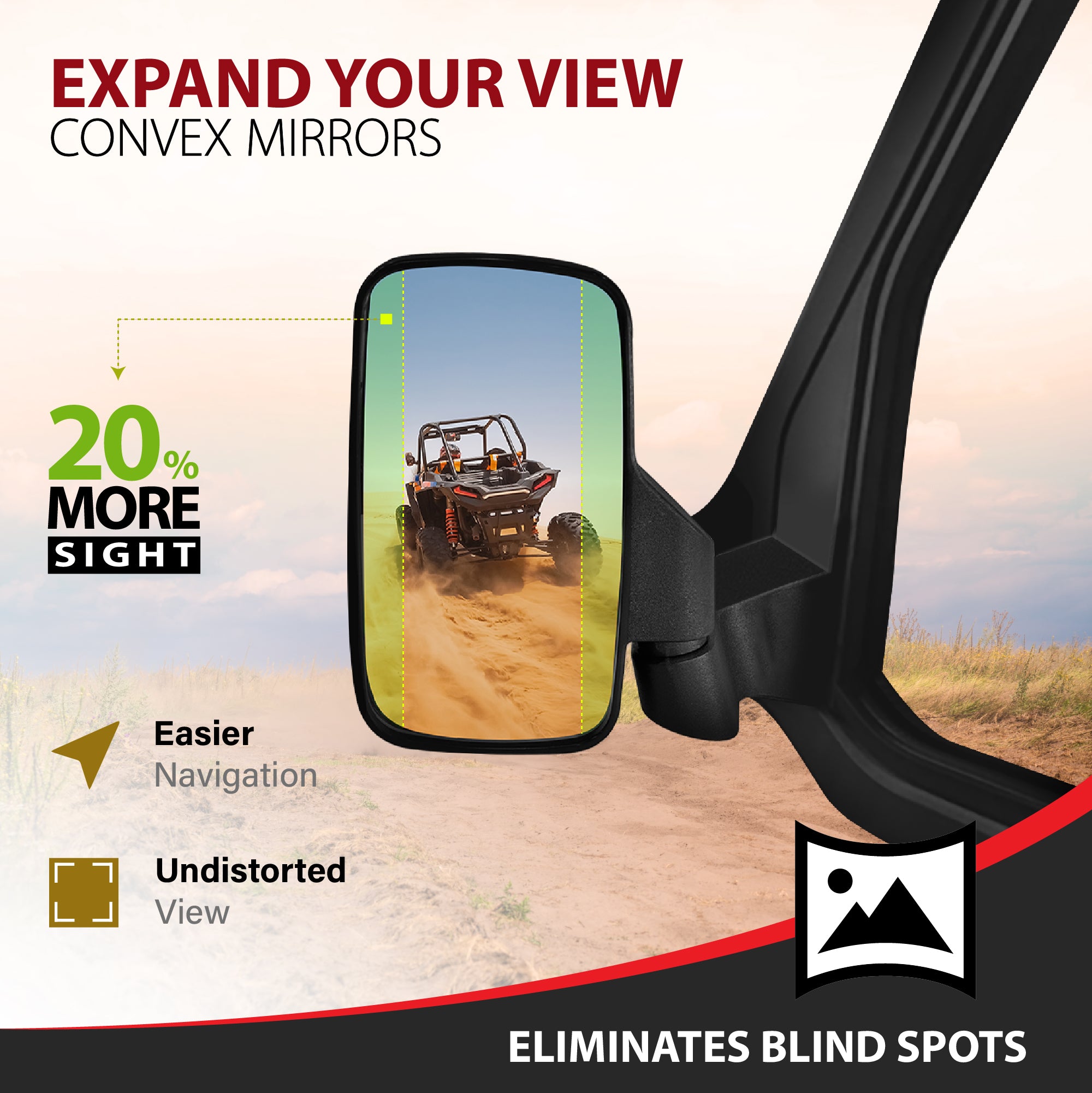 Krator UTV Side Mirrors for Full Original Doors, Convex Glass & Breakaway Design