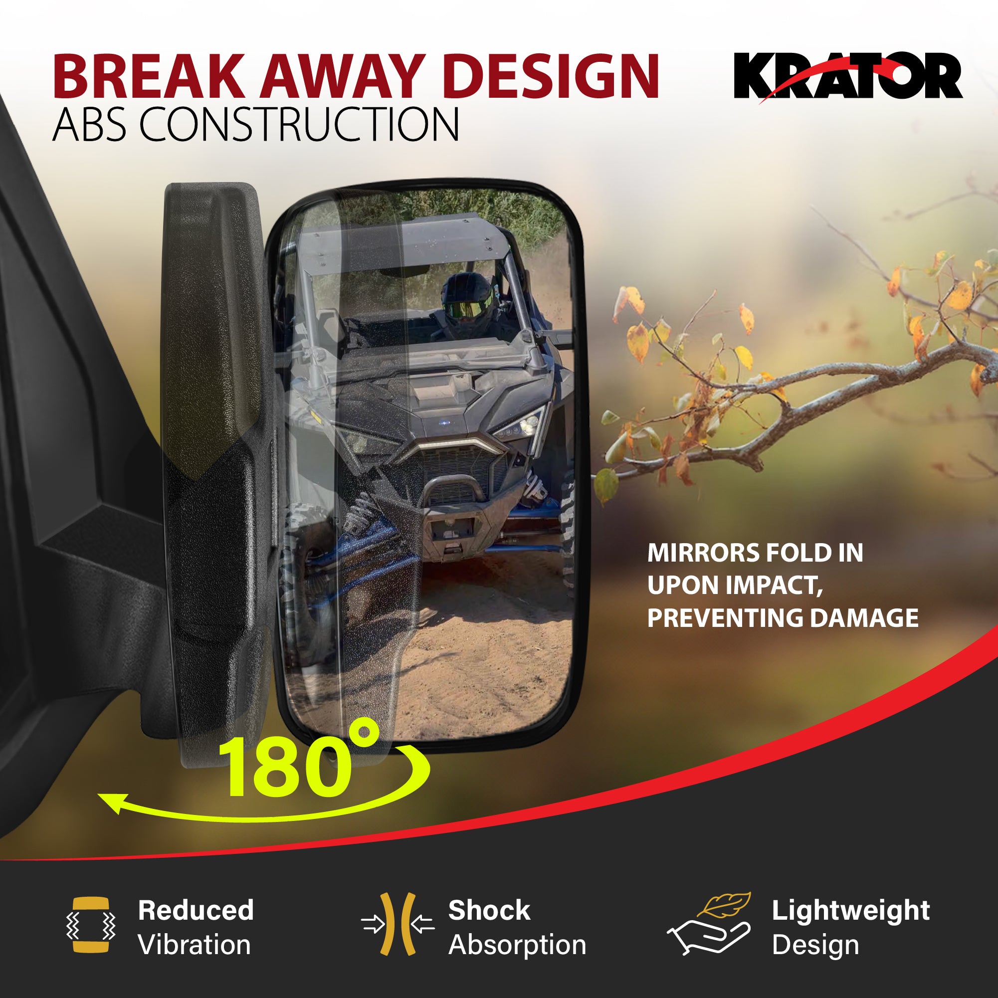 Krator UTV Side Mirrors for Full Original Doors, Convex Glass & Breakaway Design