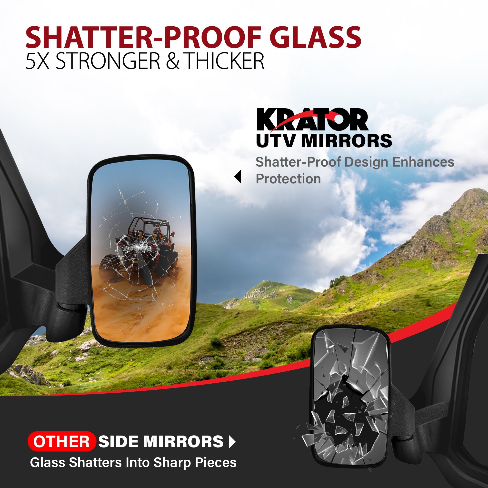 Krator UTV Side Mirrors for Full Original Doors, Convex Glass & Breakaway Design