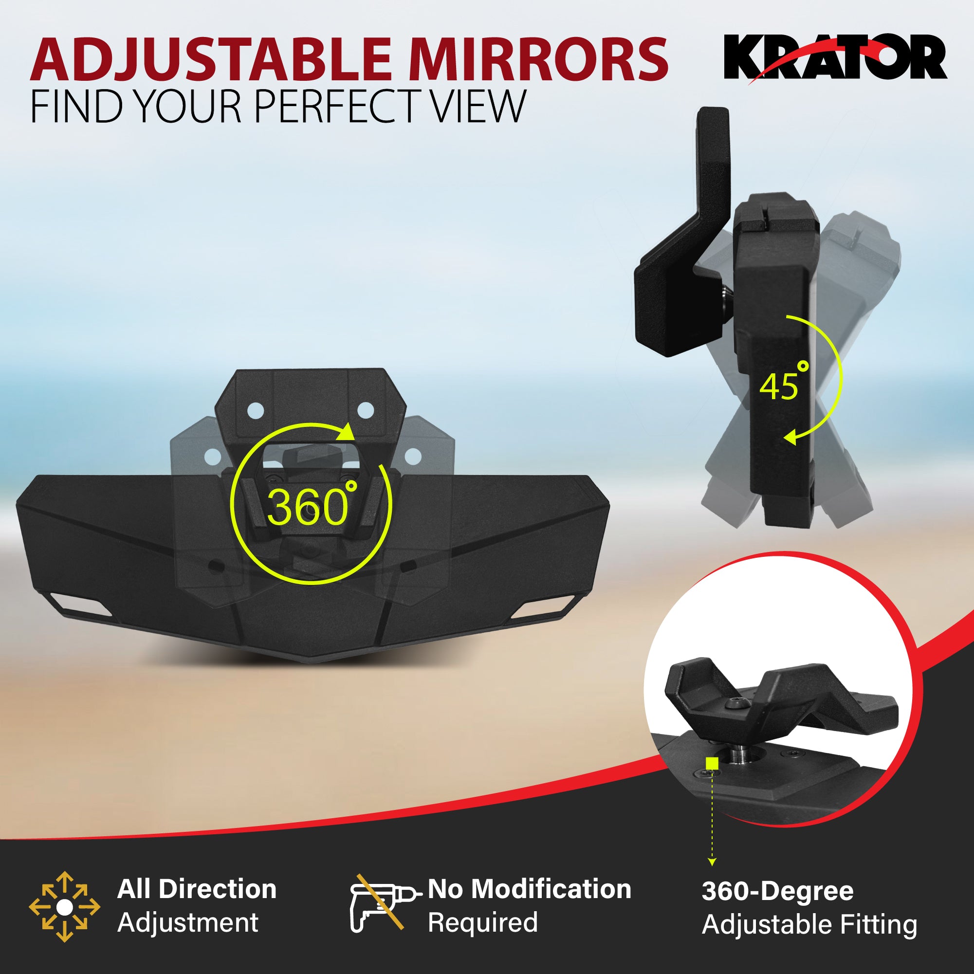Krator UTV Rear View Mirror for Roll Bar Mounting Brackets, Replaces OEM 2883763