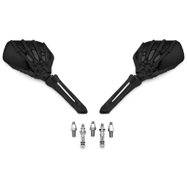 Custom Black Motorcycle Skeleton Bone Hands Mirrors with Skeleton Arms - Free Adapters