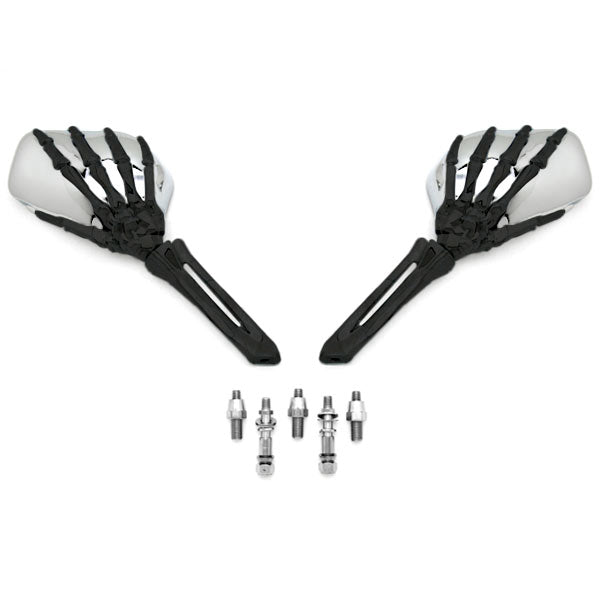 Black and Chrome Skeleton Hand Mirrors Universal Motorcycle Cruiser M8 M10 H-D