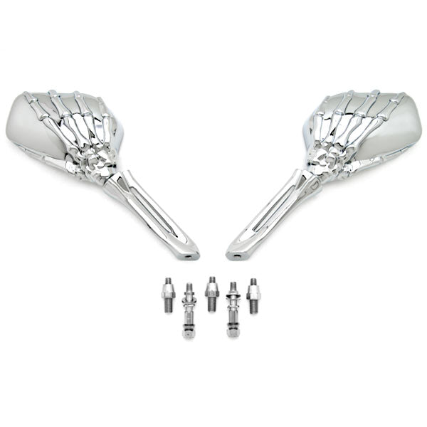 Custom Chrome Motorcycle Skeleton Bone Hands Mirrors with Skeleton Arms - Free Adapters