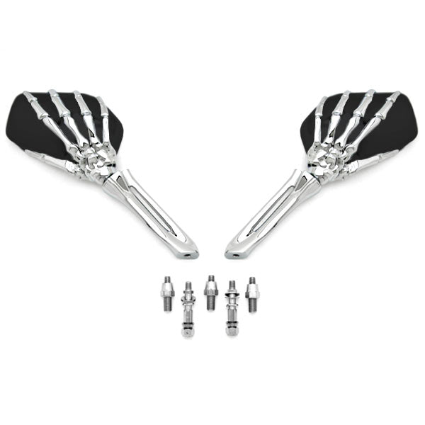 Chrome and Black Skeleton Hand Mirrors Universal Motorcycle Cruiser M8 M10 H-D