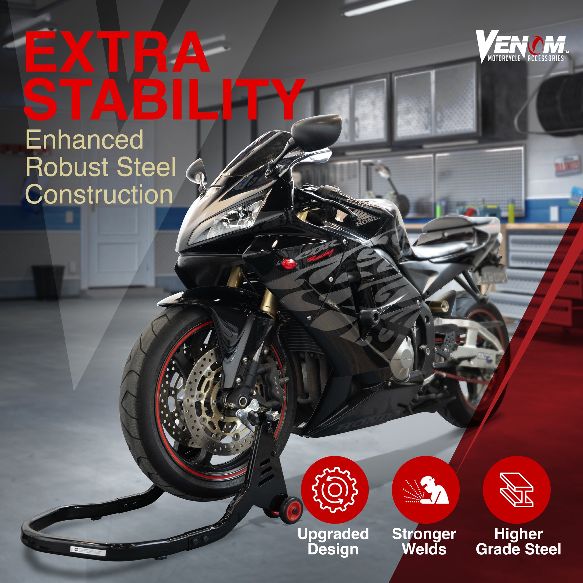 Venom Motorcycle Front Stand Fork Lift, Universal Sport Bike Front Wheel Motorcycle Lift Stand