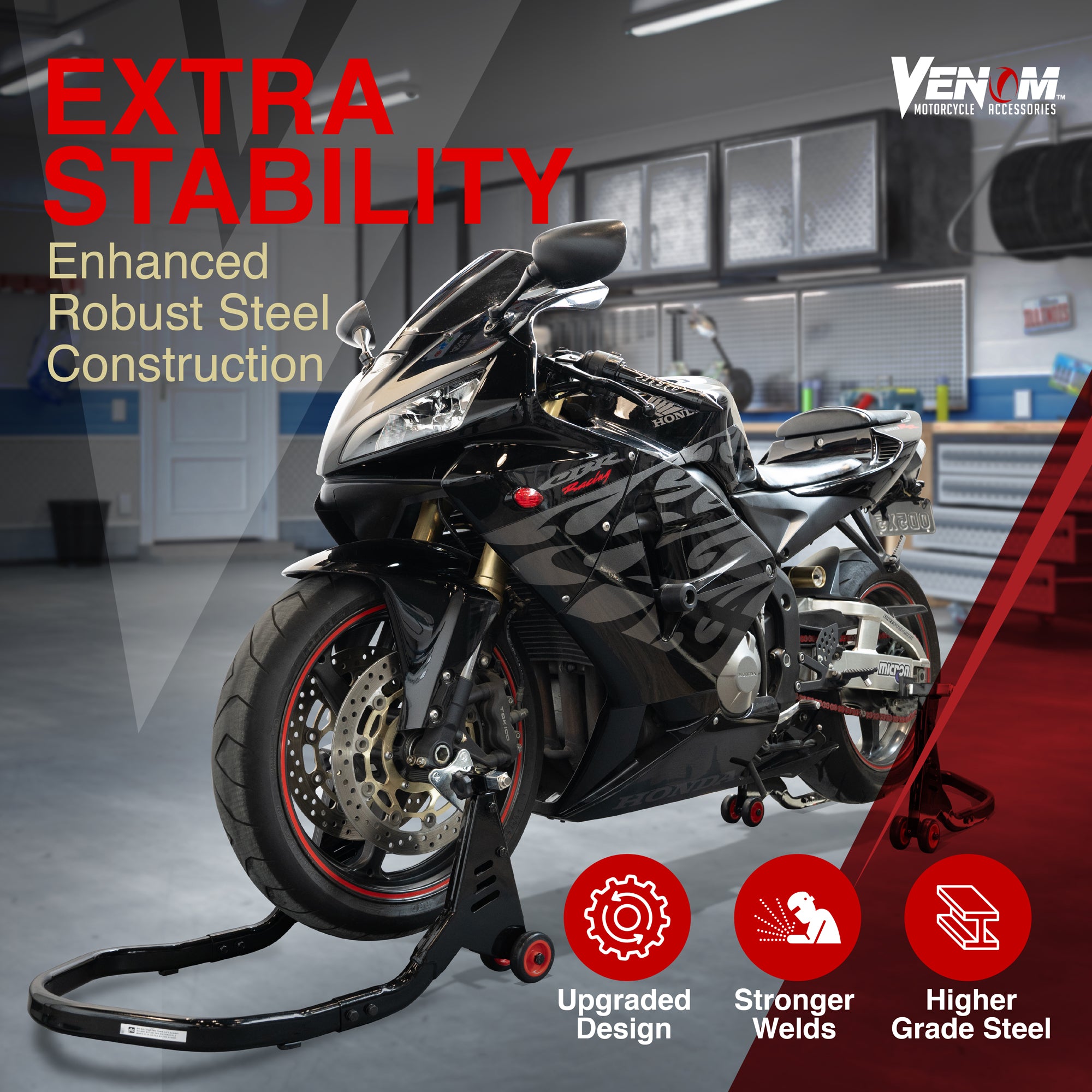 Venom Motorcycle Stand Front and Rear Lift Stand Combo, Universal Swingarm Paddle Lift + Fork Paddock Stand