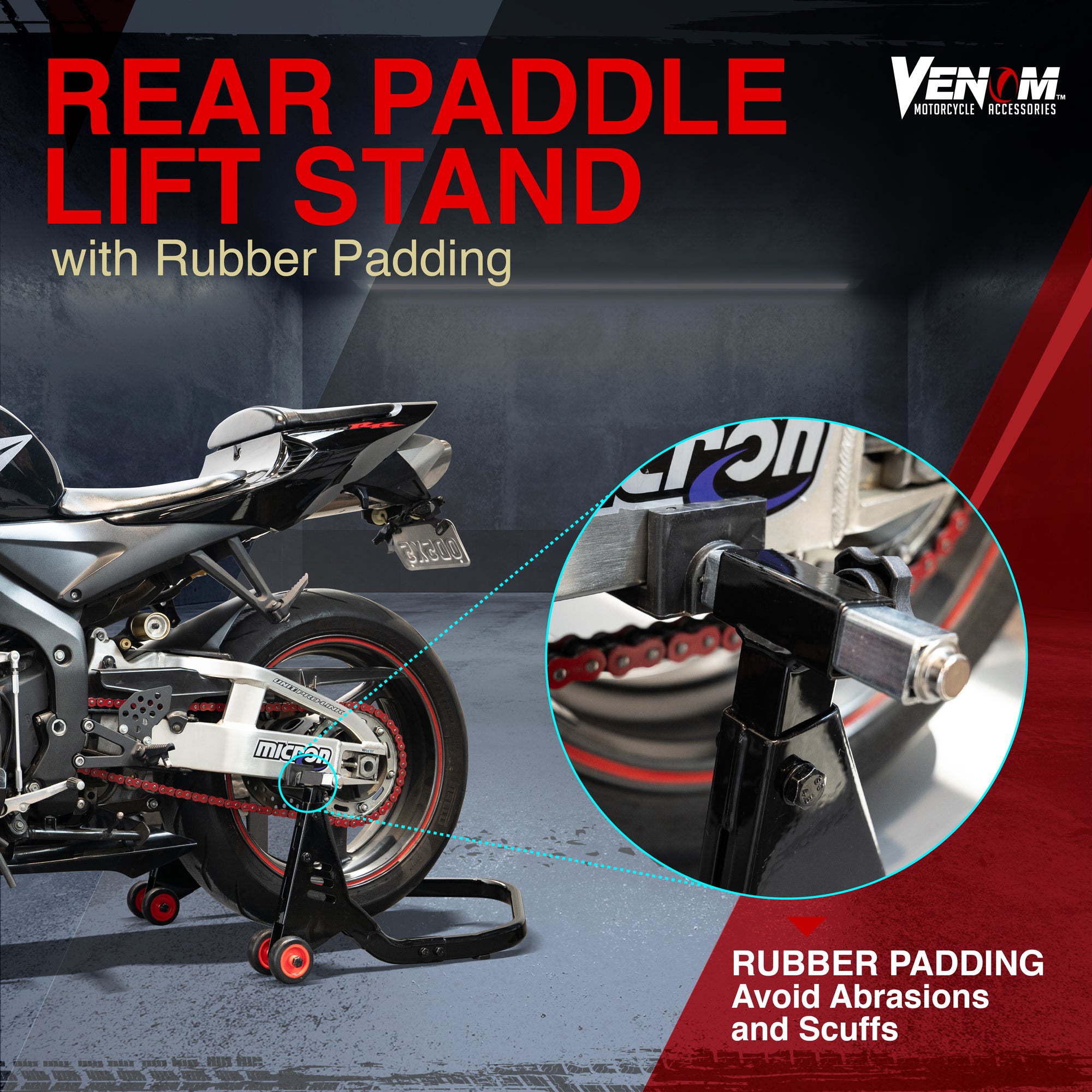 Venom Motorcycle Stand Front and Rear Lift Stand Combo, Universal Swingarm Paddle Lift + Fork Paddock Stand