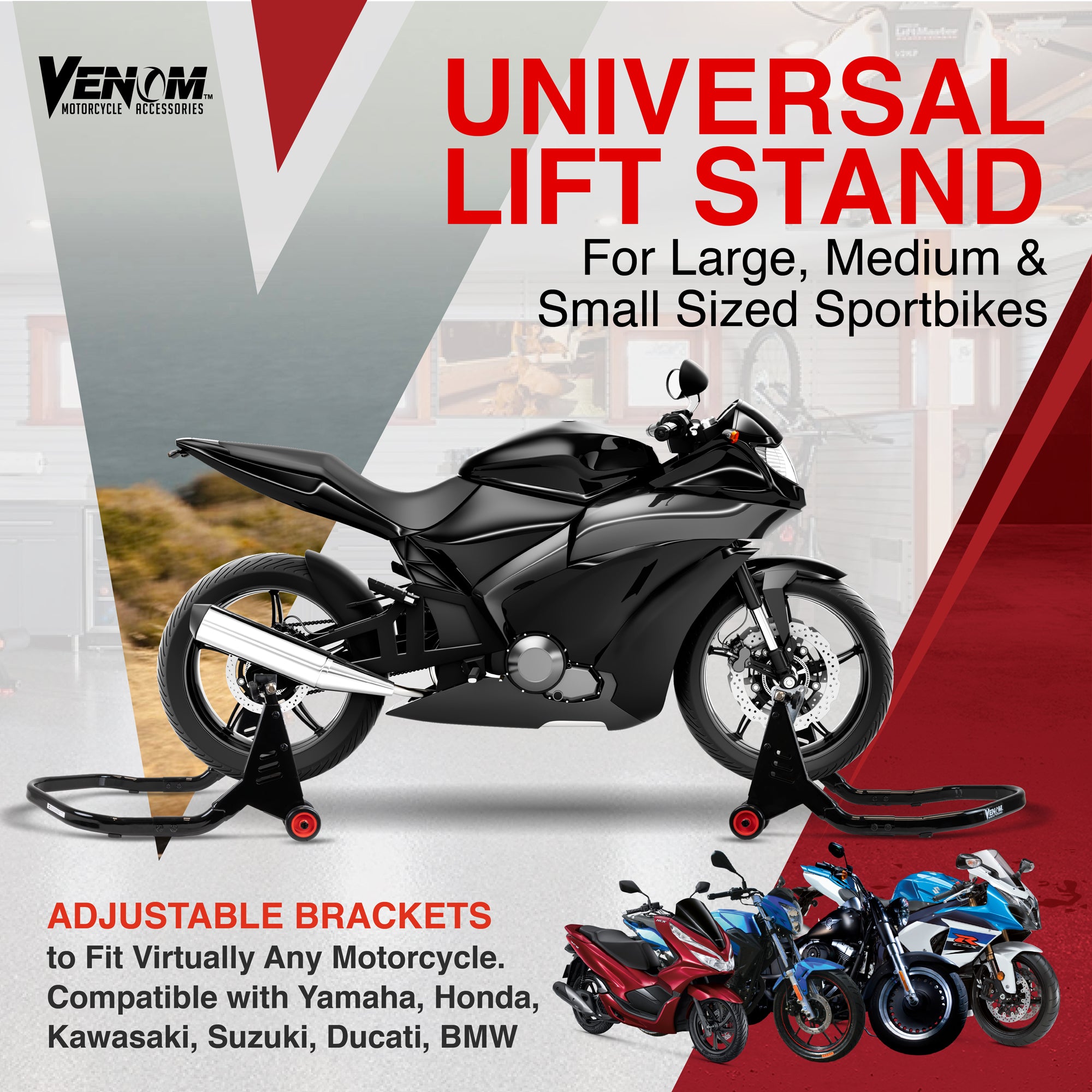 Venom Motorcycle Stand Front and Rear Lift Stand Combo, Universal Swingarm Paddle Lift + Fork Paddock Stand