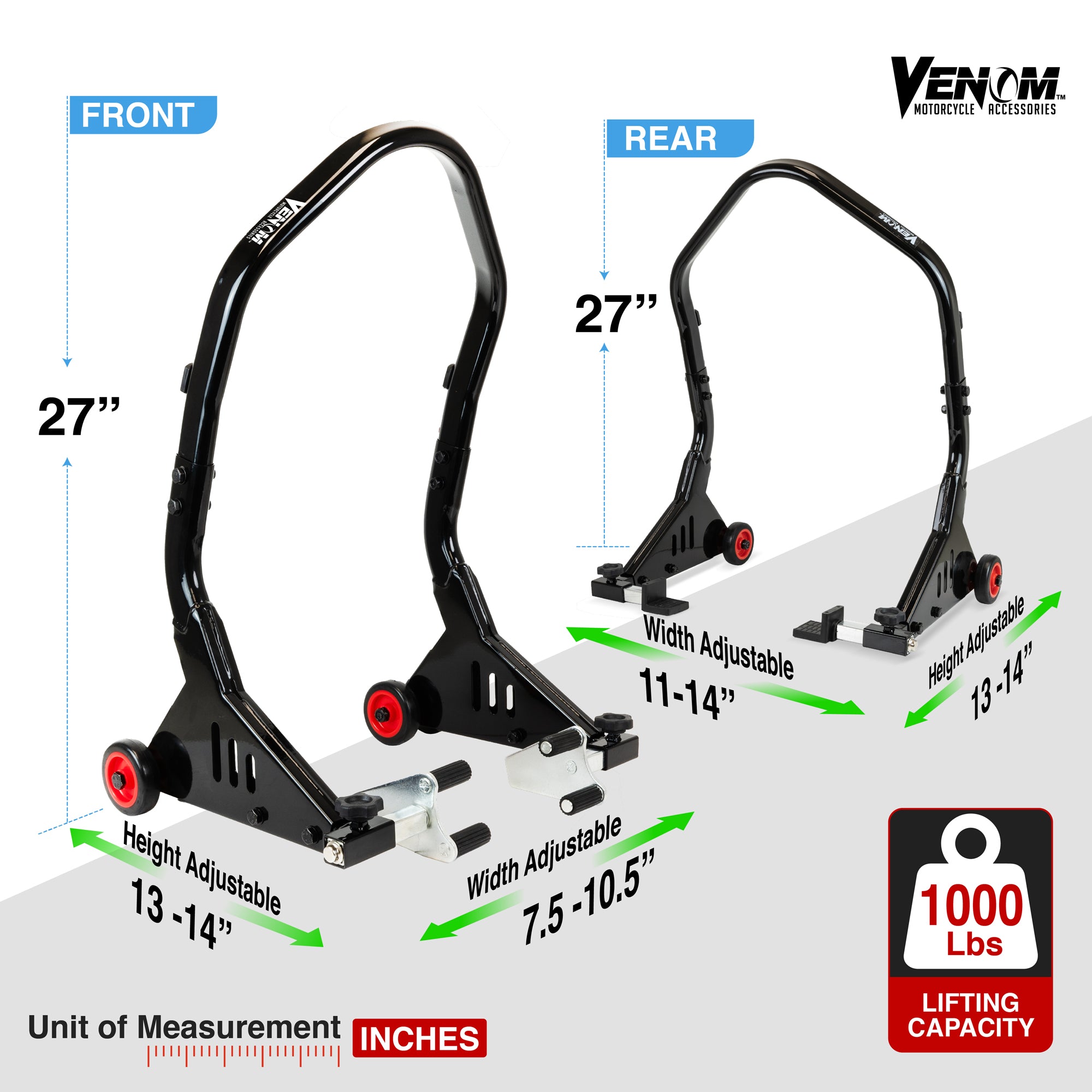 Venom Motorcycle Stand Front and Rear Lift Stand Combo, Universal Swingarm Paddle Lift + Fork Paddock Stand